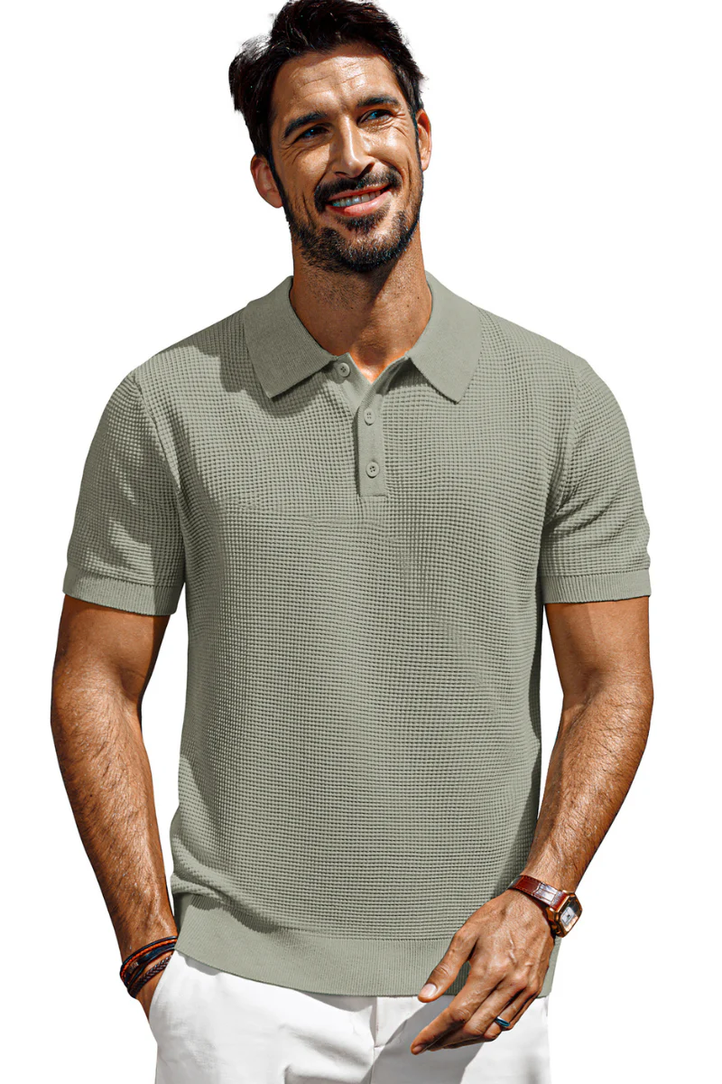 Men Waffle Textured Polo-Shirt Short Sleeve Lapel Collar Button-up Neck Tops - Image 33