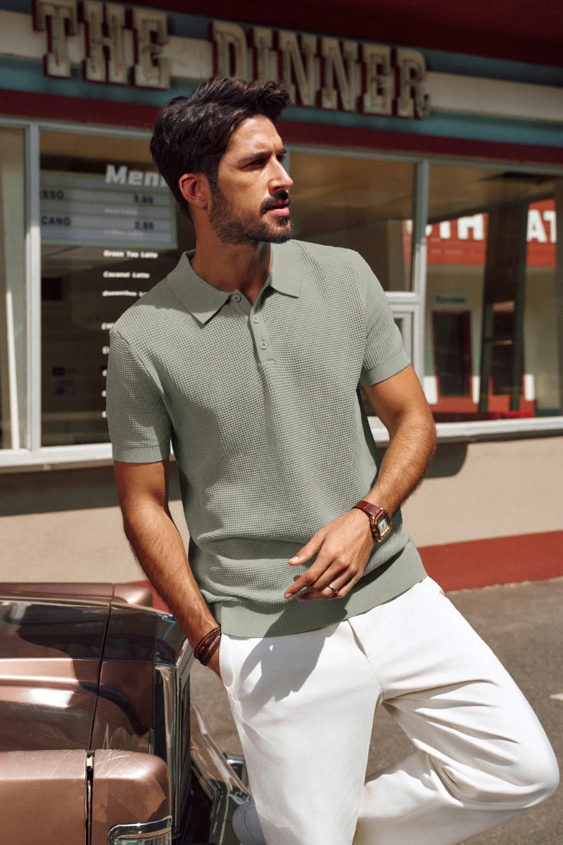 Men Waffle Textured Polo-Shirt Short Sleeve Lapel Collar Button-up Neck Tops - Image 37