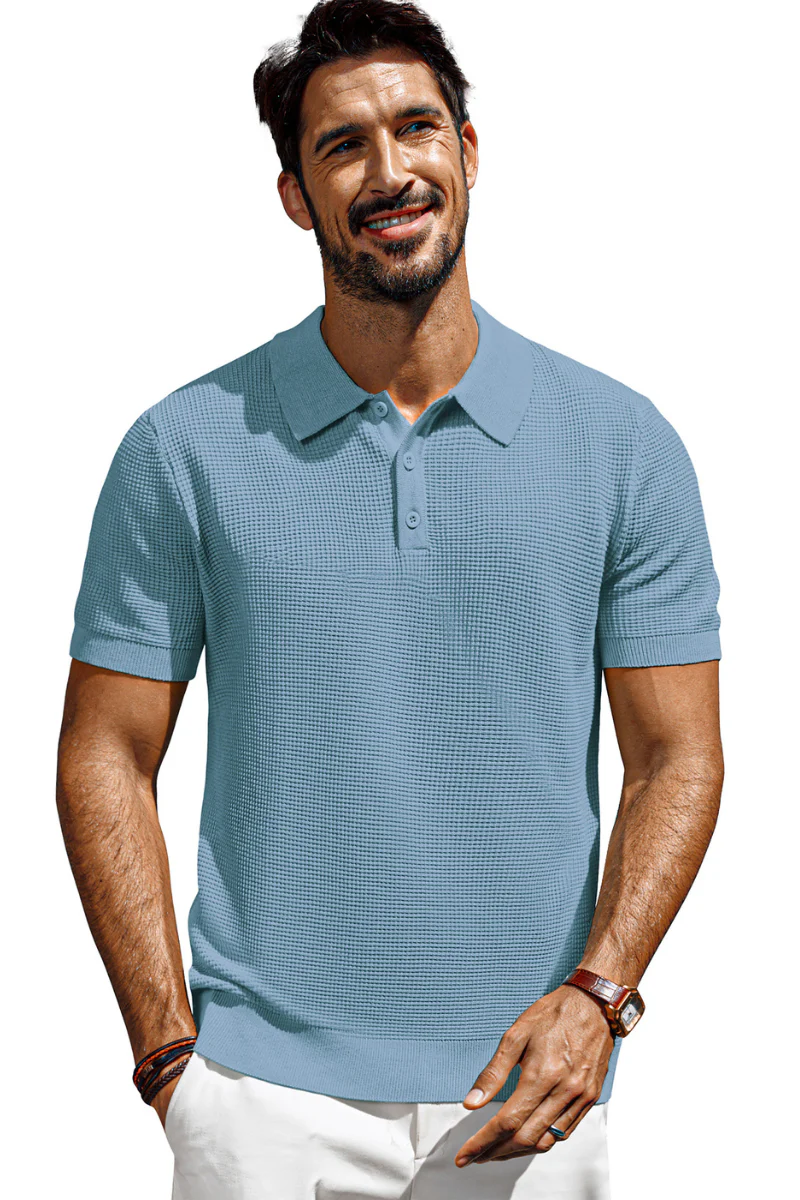 Men Waffle Textured Polo-Shirt Short Sleeve Lapel Collar Button-up Neck Tops - Image 38