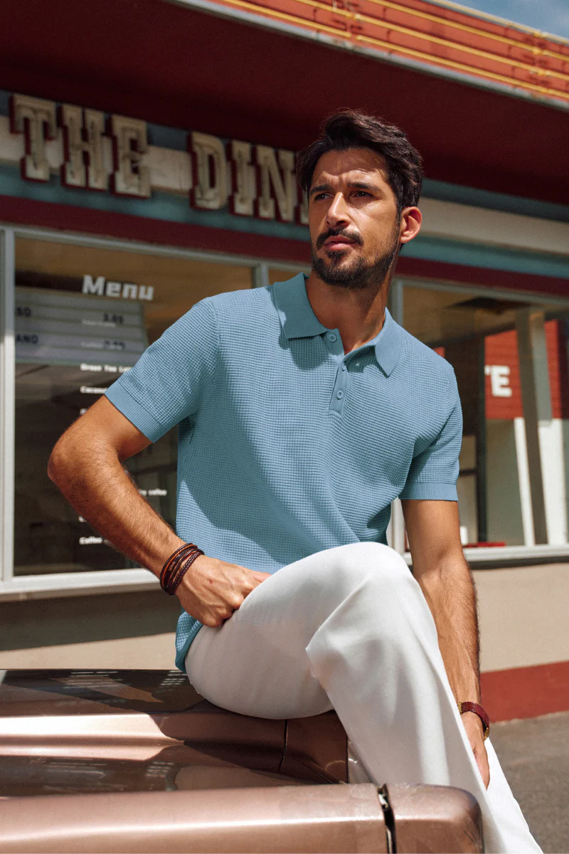 Men Waffle Textured Polo-Shirt Short Sleeve Lapel Collar Button-up Neck Tops - Image 41