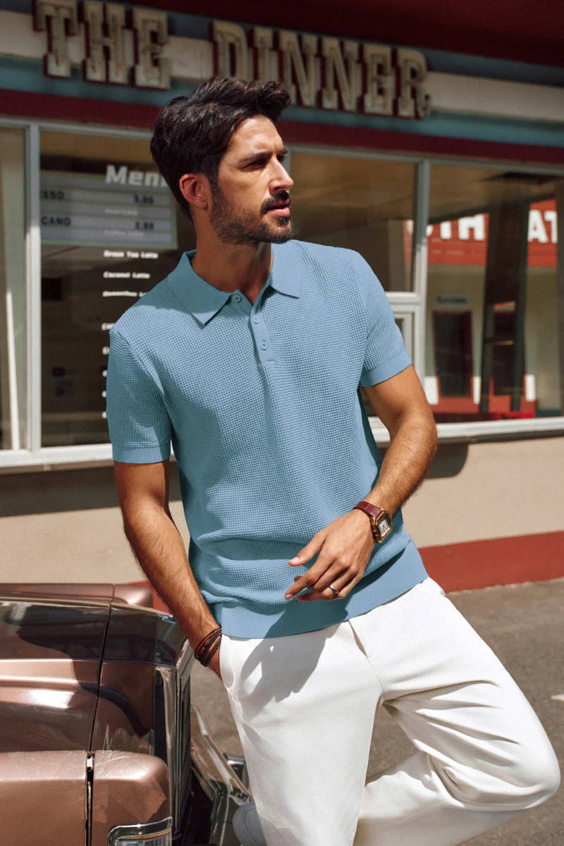 Men Waffle Textured Polo-Shirt Short Sleeve Lapel Collar Button-up Neck Tops - Image 42