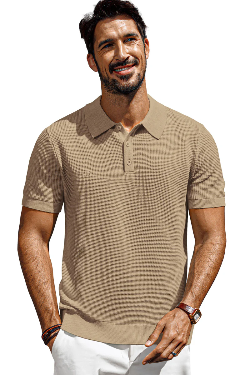 Men Waffle Textured Polo-Shirt Short Sleeve Lapel Collar Button-up Neck Tops - Image 43