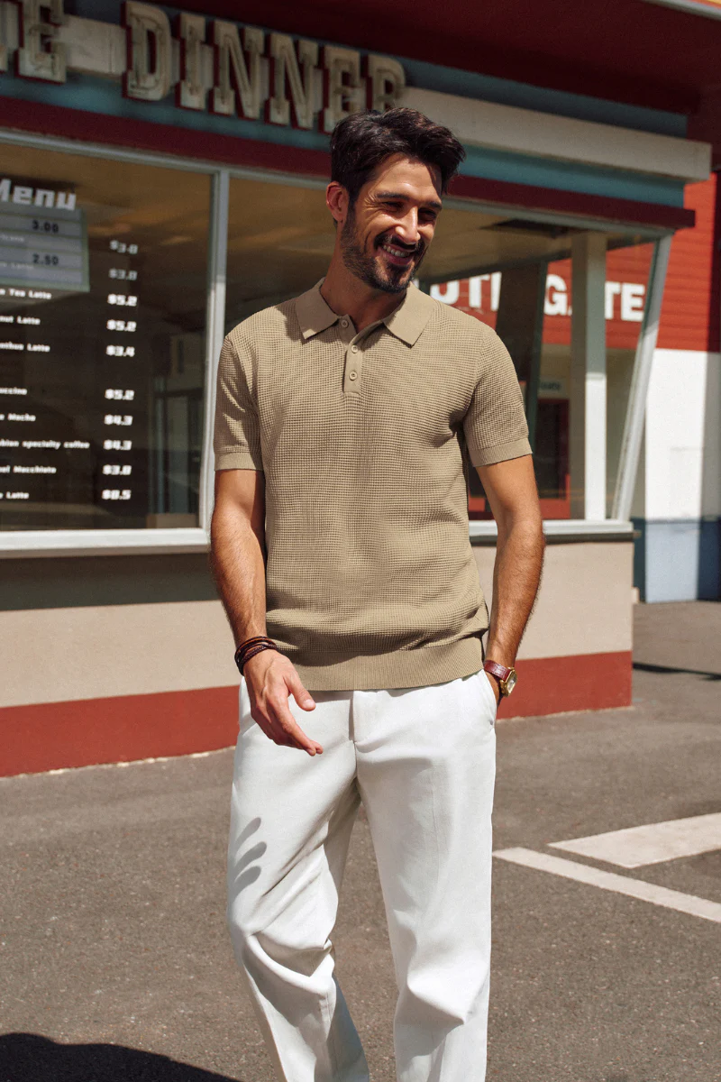 Men Waffle Textured Polo-Shirt Short Sleeve Lapel Collar Button-up Neck Tops - Image 44