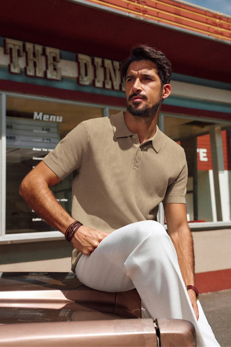 Men Waffle Textured Polo-Shirt Short Sleeve Lapel Collar Button-up Neck Tops - Image 46