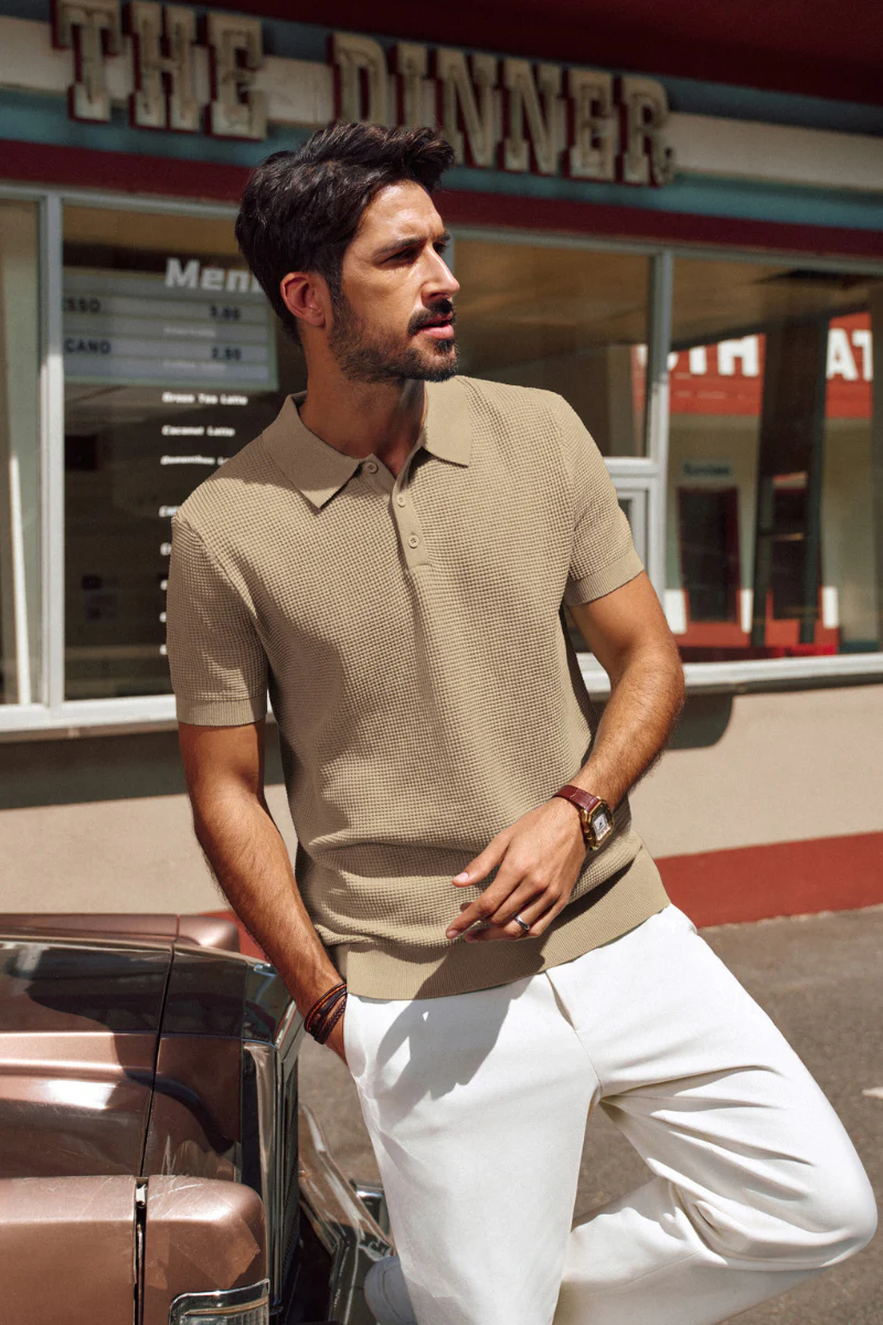 Men Waffle Textured Polo-Shirt Short Sleeve Lapel Collar Button-up Neck Tops - Image 47