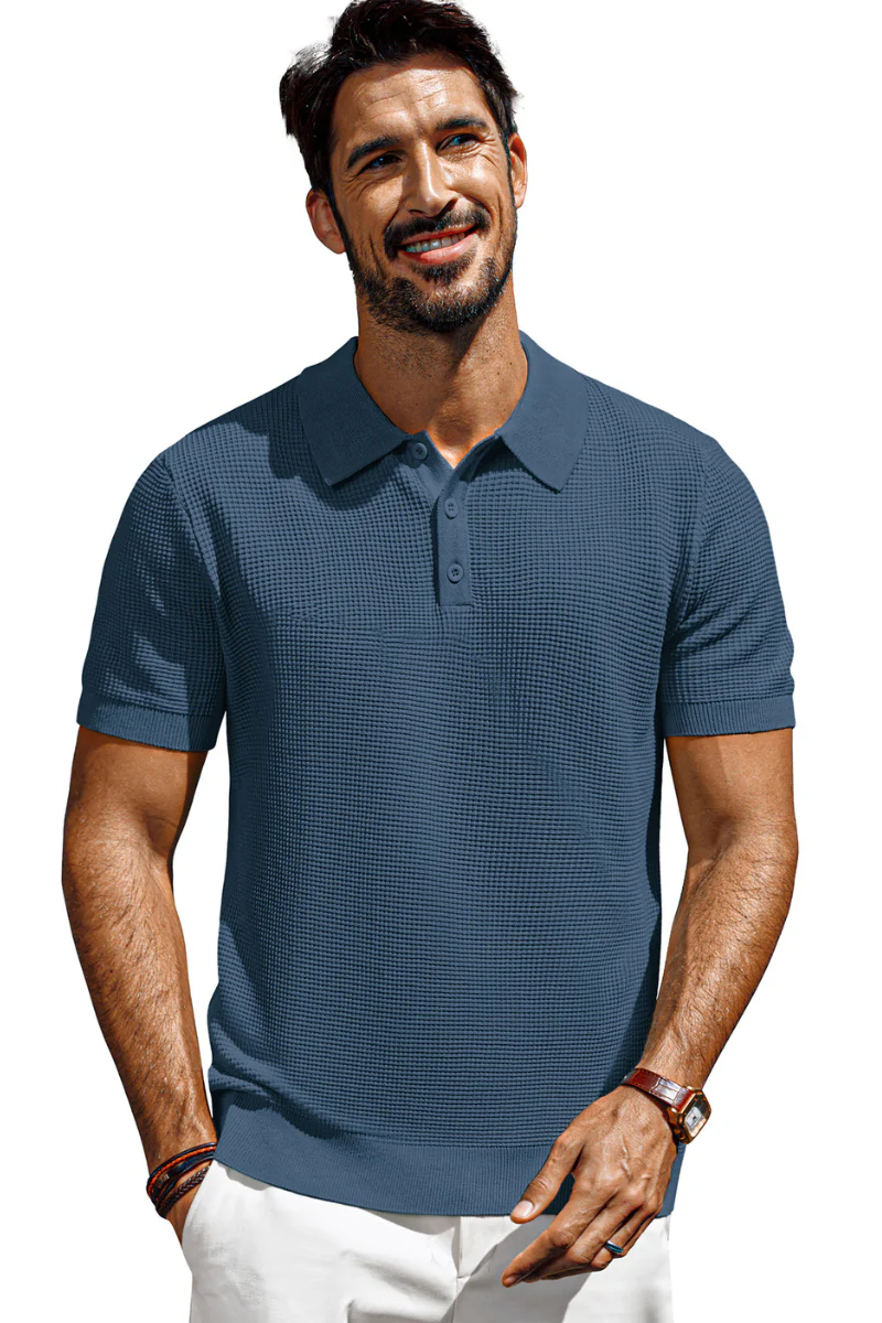 Men Waffle Textured Polo-Shirt Short Sleeve Lapel Collar Button-up Neck Tops - Image 48