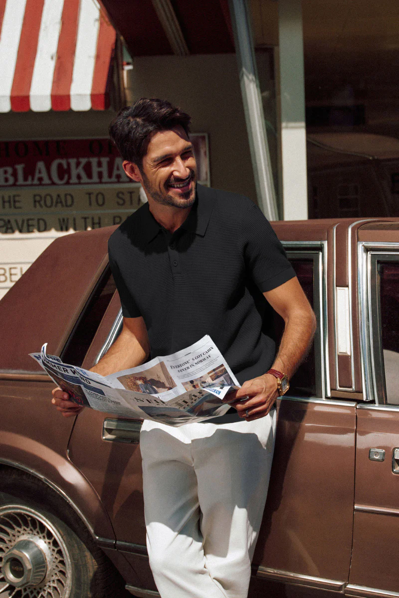 Men Waffle Textured Polo-Shirt Short Sleeve Lapel Collar Button-up Neck Tops - Image 5