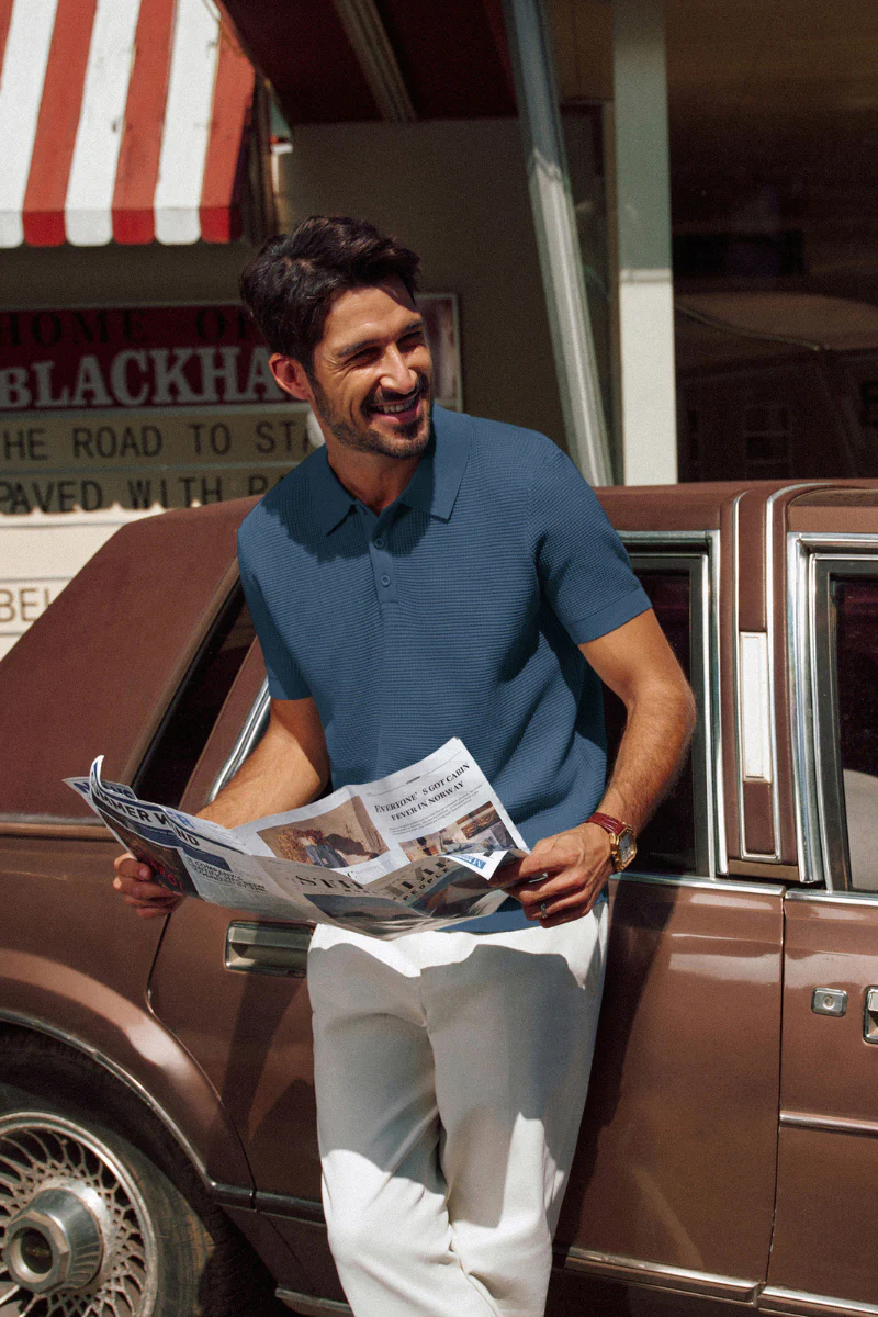 Men Waffle Textured Polo-Shirt Short Sleeve Lapel Collar Button-up Neck Tops - Image 50