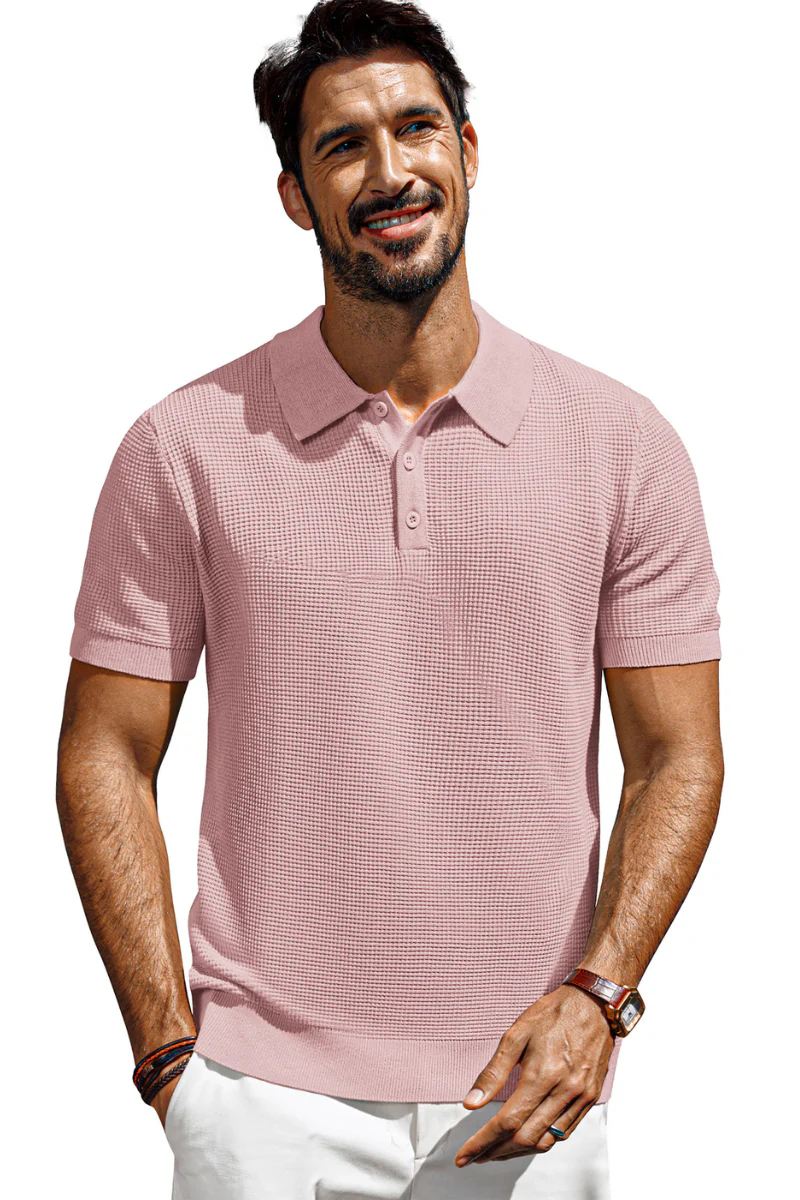 Men Waffle Textured Polo-Shirt Short Sleeve Lapel Collar Button-up Neck Tops - Image 53