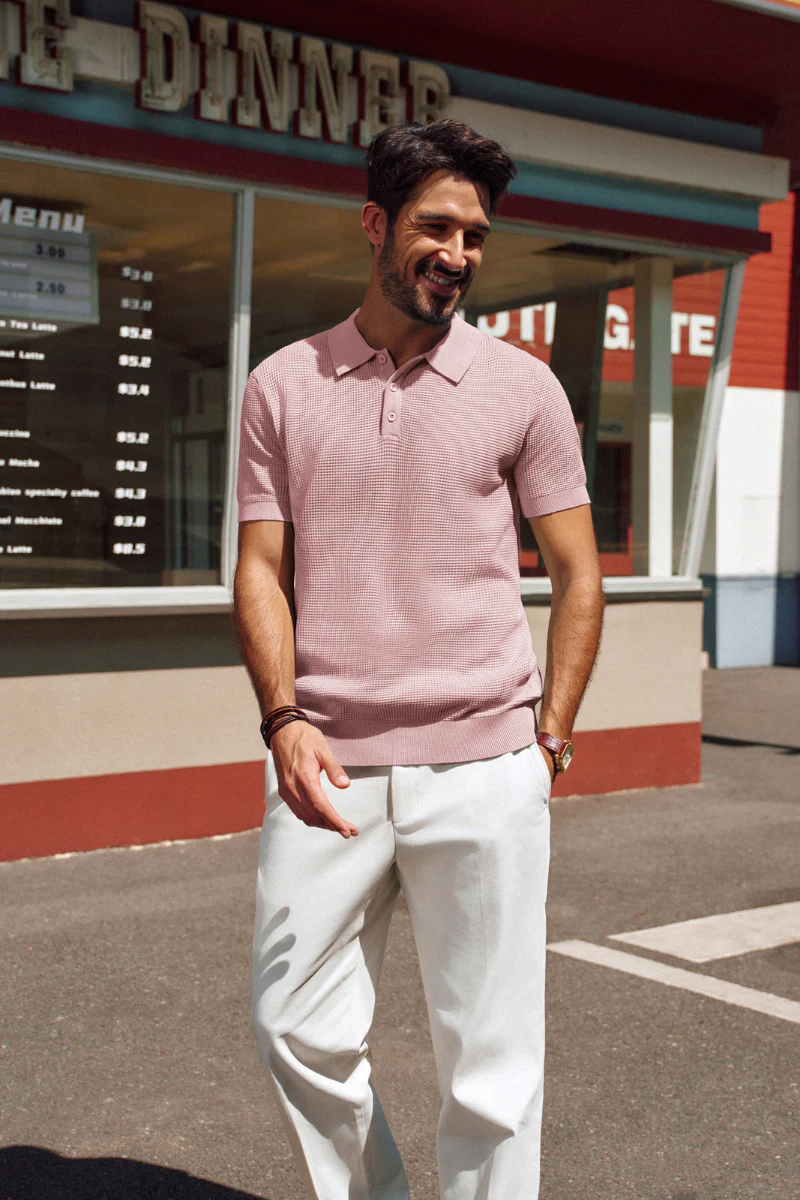 Men Waffle Textured Polo-Shirt Short Sleeve Lapel Collar Button-up Neck Tops - Image 54