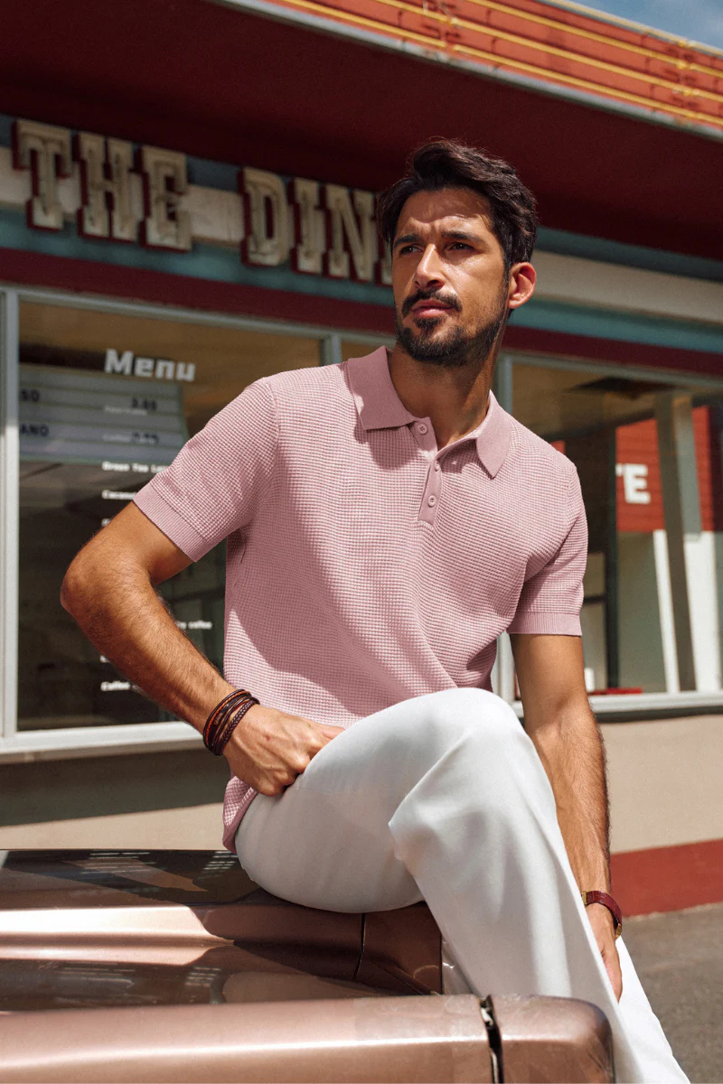 Men Waffle Textured Polo-Shirt Short Sleeve Lapel Collar Button-up Neck Tops - Image 56