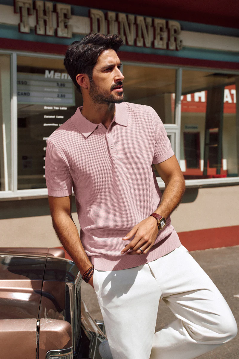 Men Waffle Textured Polo-Shirt Short Sleeve Lapel Collar Button-up Neck Tops - Image 57