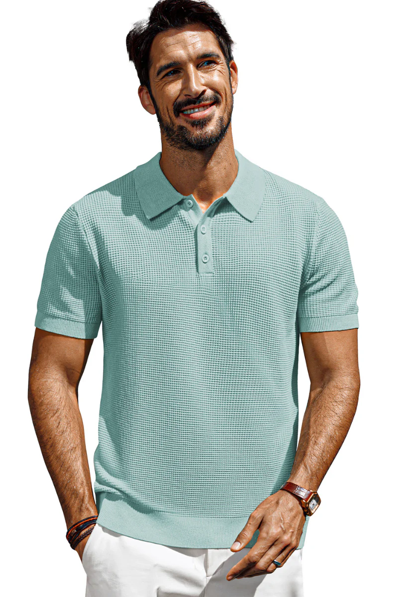 Men Waffle Textured Polo-Shirt Short Sleeve Lapel Collar Button-up Neck Tops - Image 58