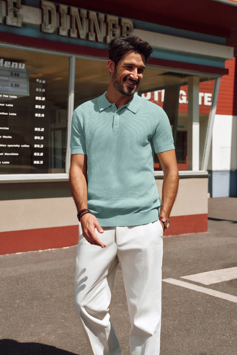 Men Waffle Textured Polo-Shirt Short Sleeve Lapel Collar Button-up Neck Tops - Image 59