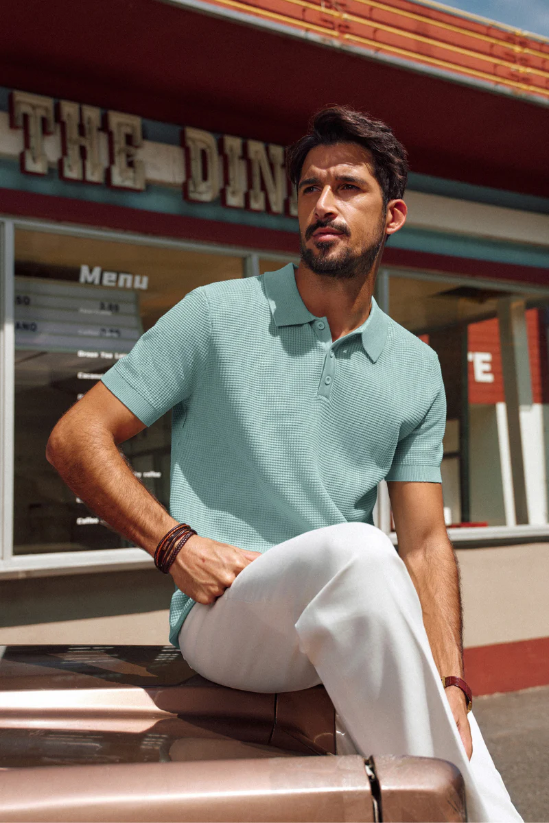 Men Waffle Textured Polo-Shirt Short Sleeve Lapel Collar Button-up Neck Tops - Image 61