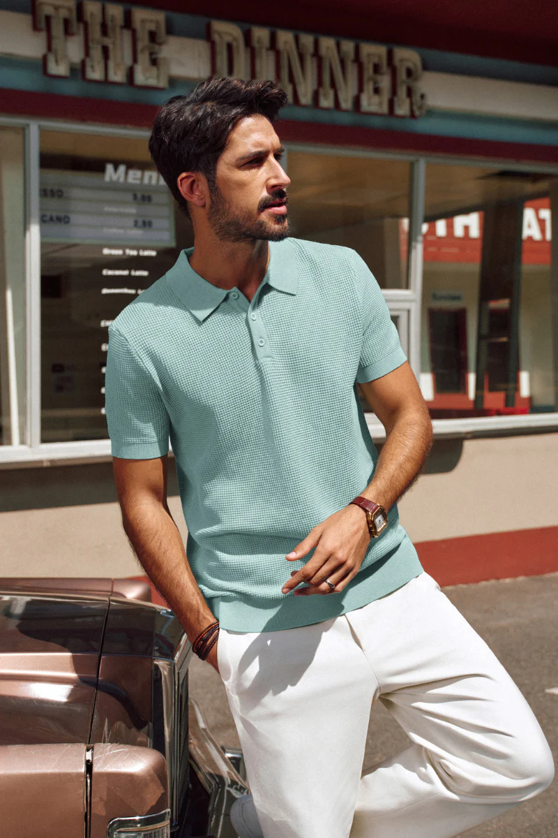 Men Waffle Textured Polo-Shirt Short Sleeve Lapel Collar Button-up Neck Tops - Image 62
