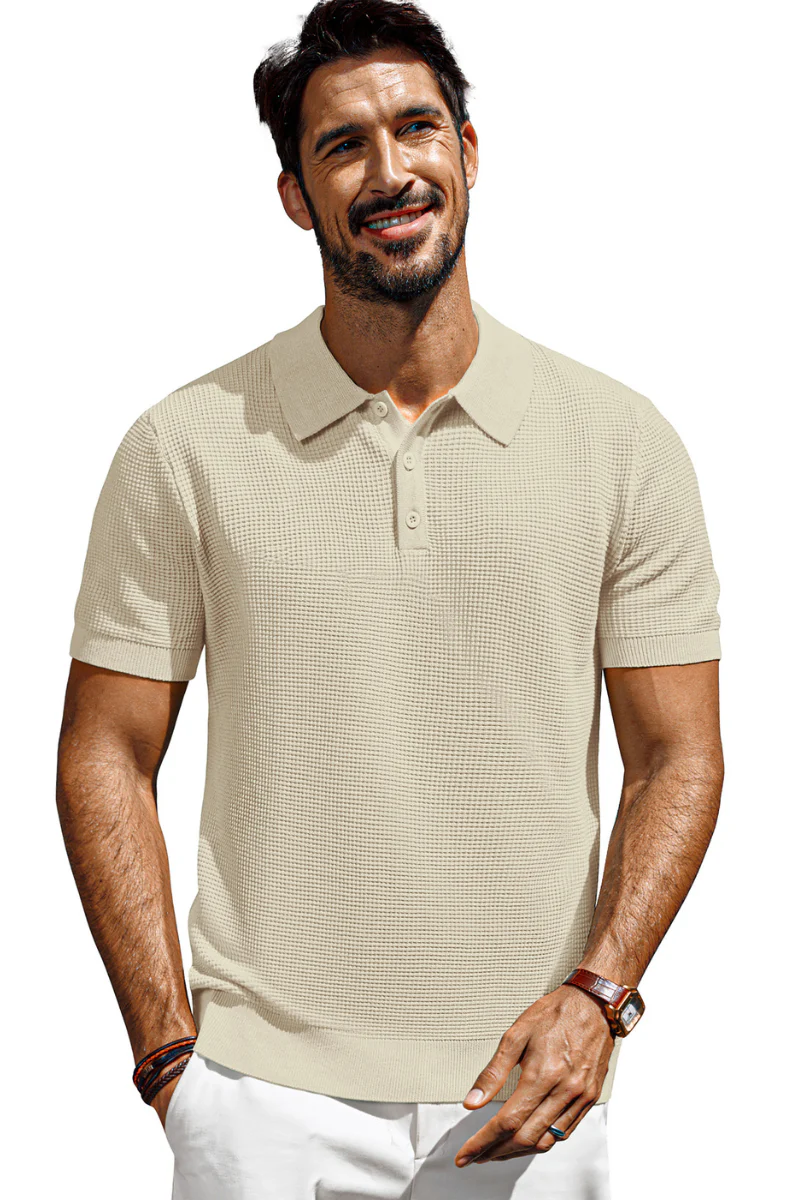 Men Waffle Textured Polo-Shirt Short Sleeve Lapel Collar Button-up Neck Tops - Image 8