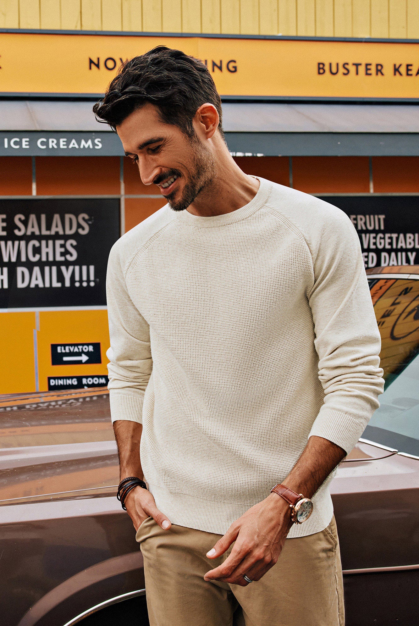 Men Waffle Textured Sweater Long Raglan Sleeve Crew Neck Pullover Knitwear - Image 14