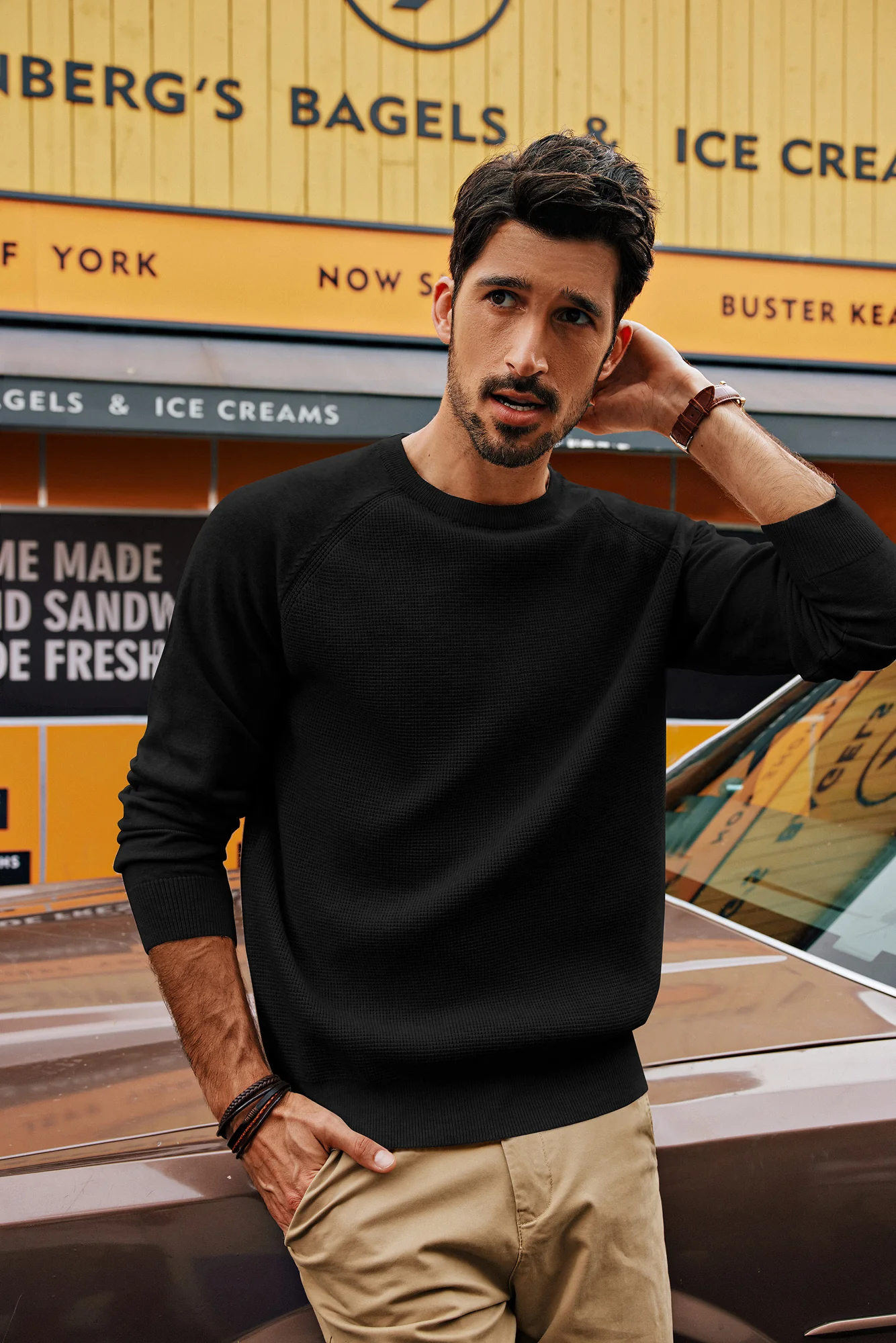 Men Waffle Textured Sweater Long Raglan Sleeve Crew Neck Pullover Knitwear - Image 5