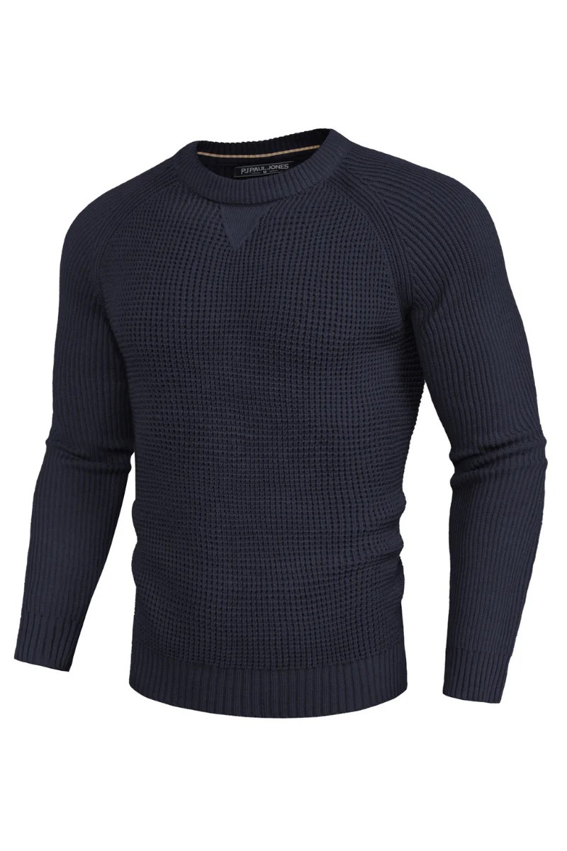 Men Waffle Textured Sweater Long Raglan Sleeve Crew Neck Ribbed Cuff Pullover - Image 21