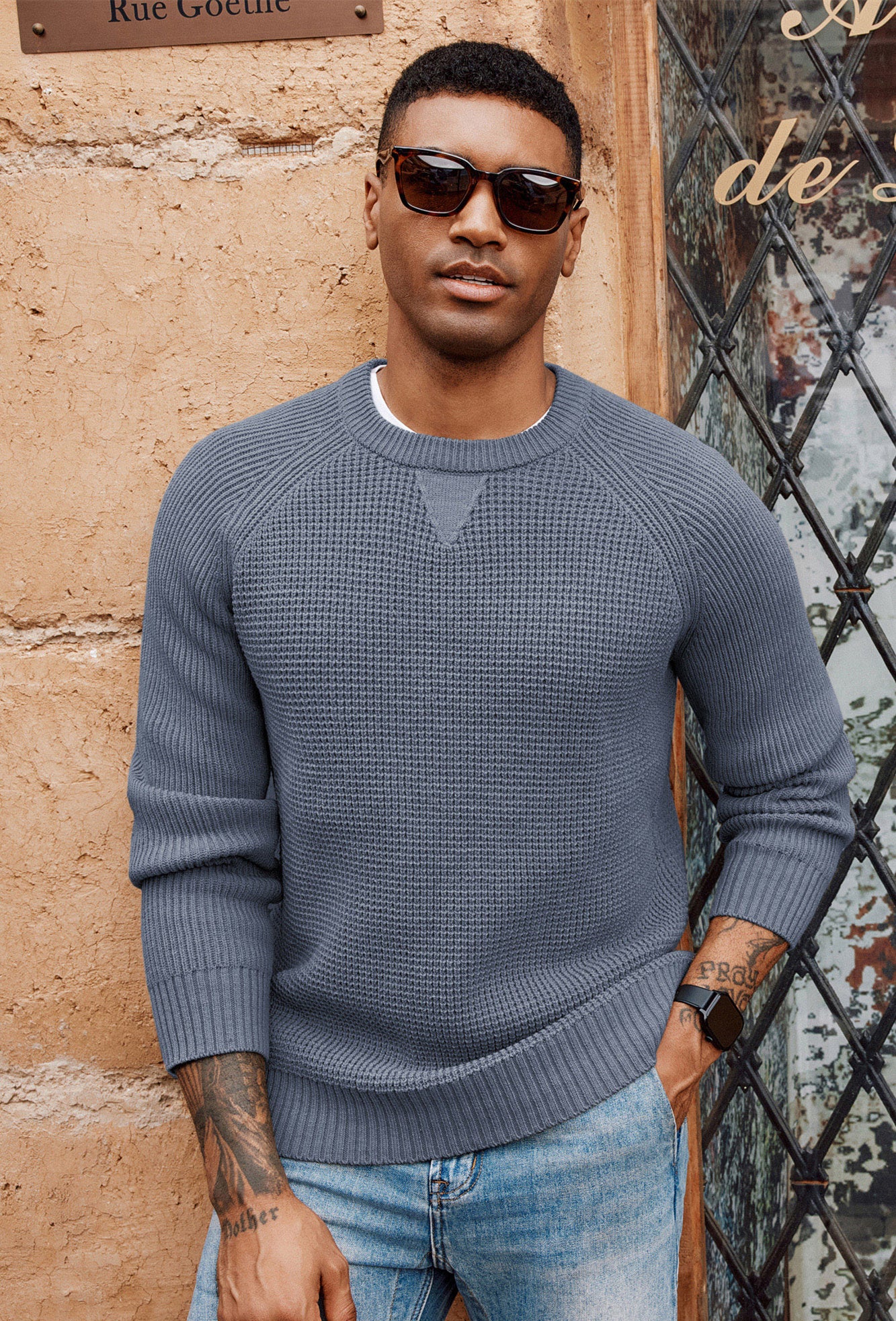 Men Waffle Textured Sweater Long Raglan Sleeve Crew Neck Ribbed Cuff Pullover - Image 33