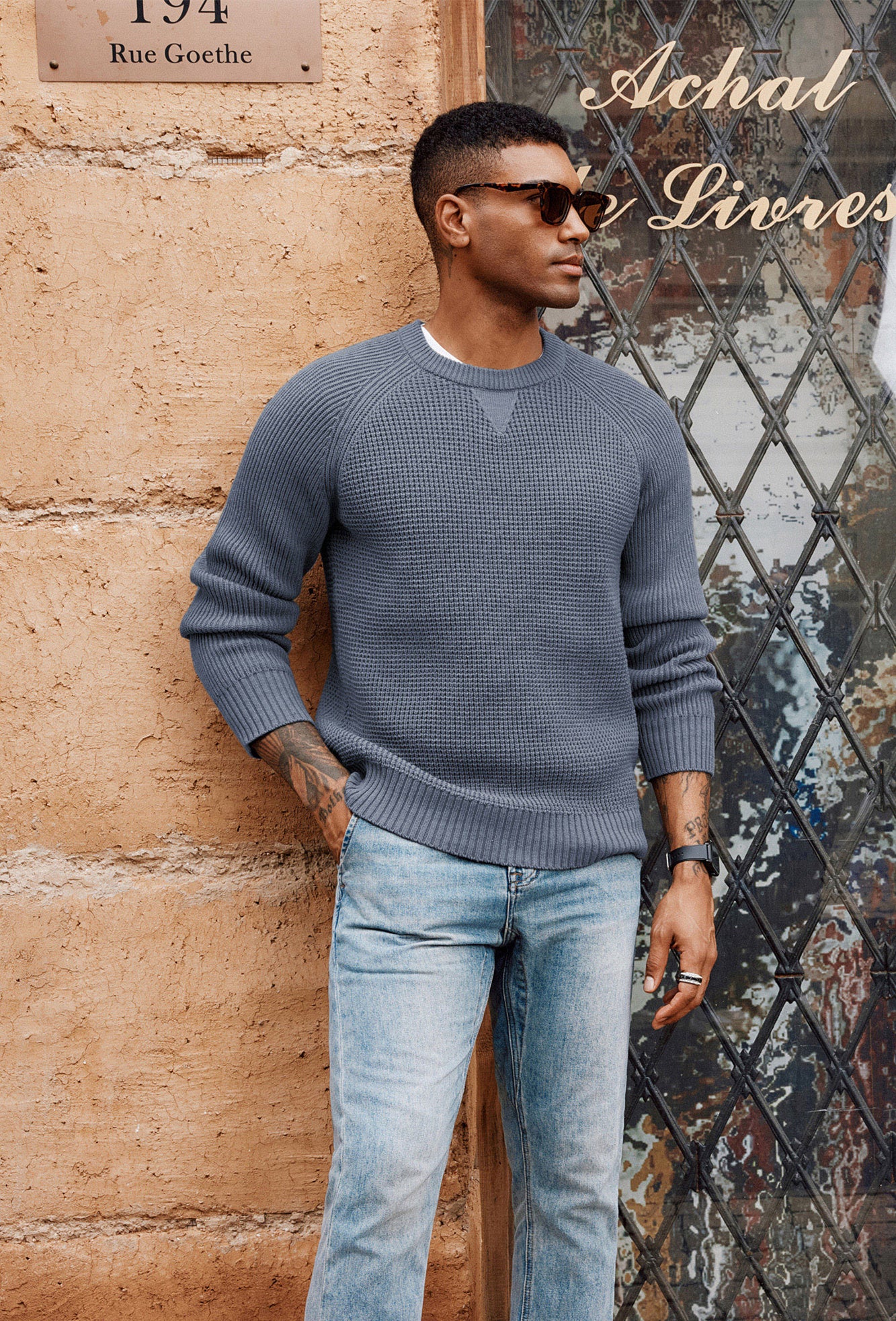 Men Waffle Textured Sweater Long Raglan Sleeve Crew Neck Ribbed Cuff Pullover - Image 36