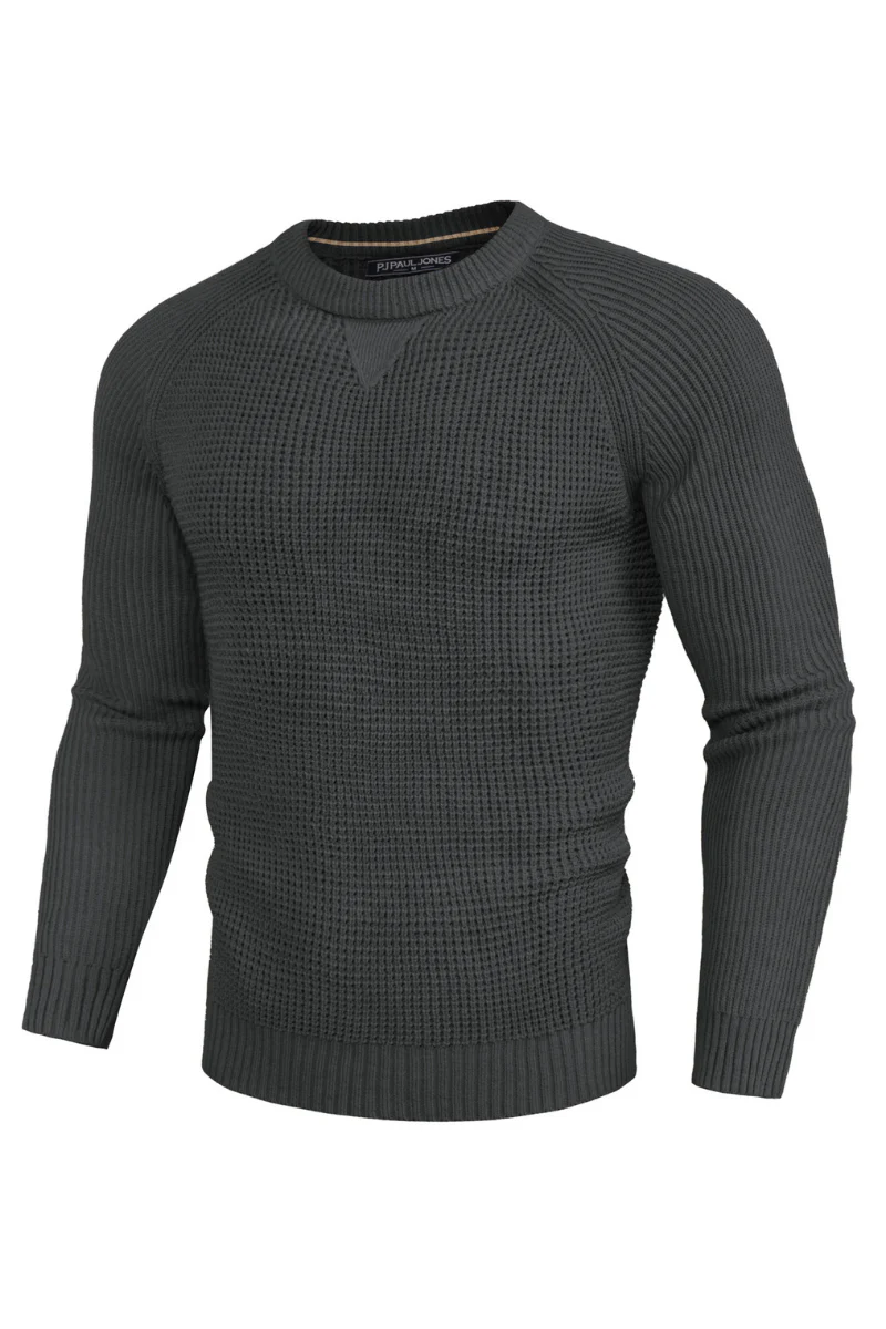 Men Waffle Textured Sweater Long Raglan Sleeve Crew Neck Ribbed Cuff Pullover - Image 40