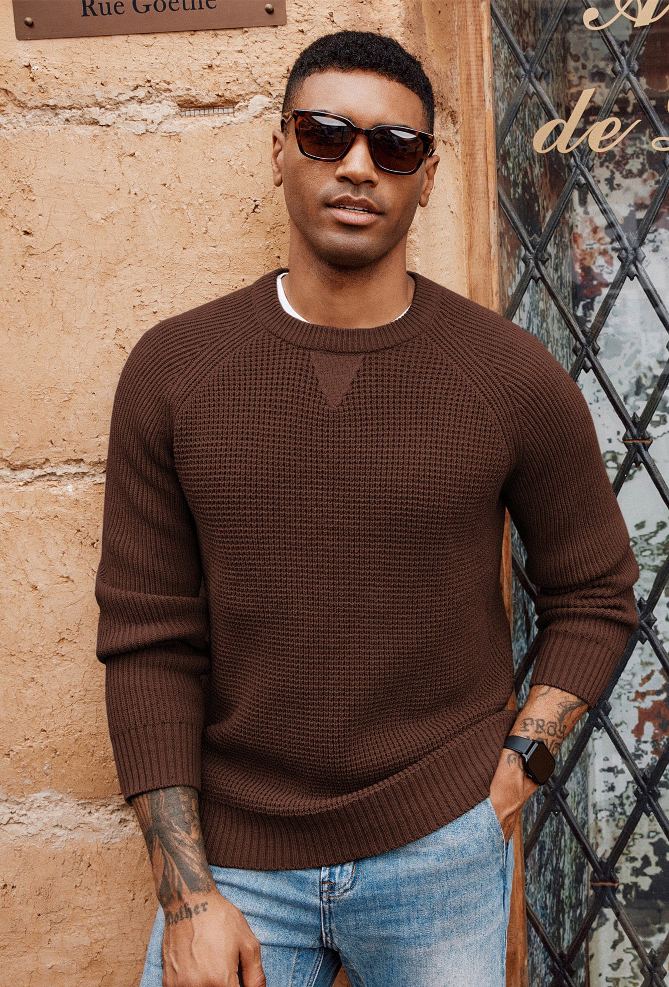 Men Waffle Textured Sweater Long Raglan Sleeve Crew Neck Ribbed Cuff Pullover - Image 46