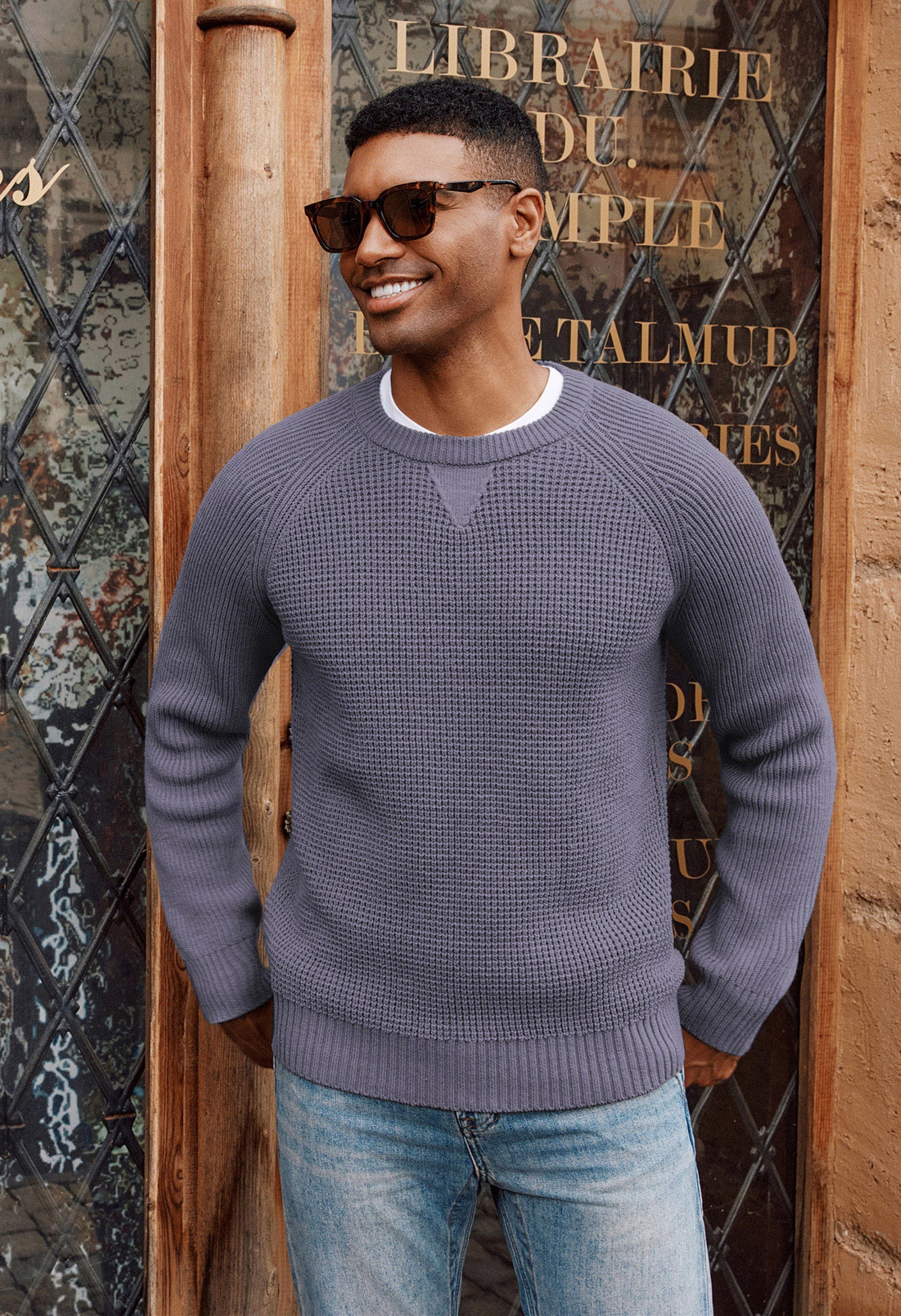 Men Waffle Textured Sweater Long Raglan Sleeve Crew Neck Ribbed Cuff Pullover - Image 48