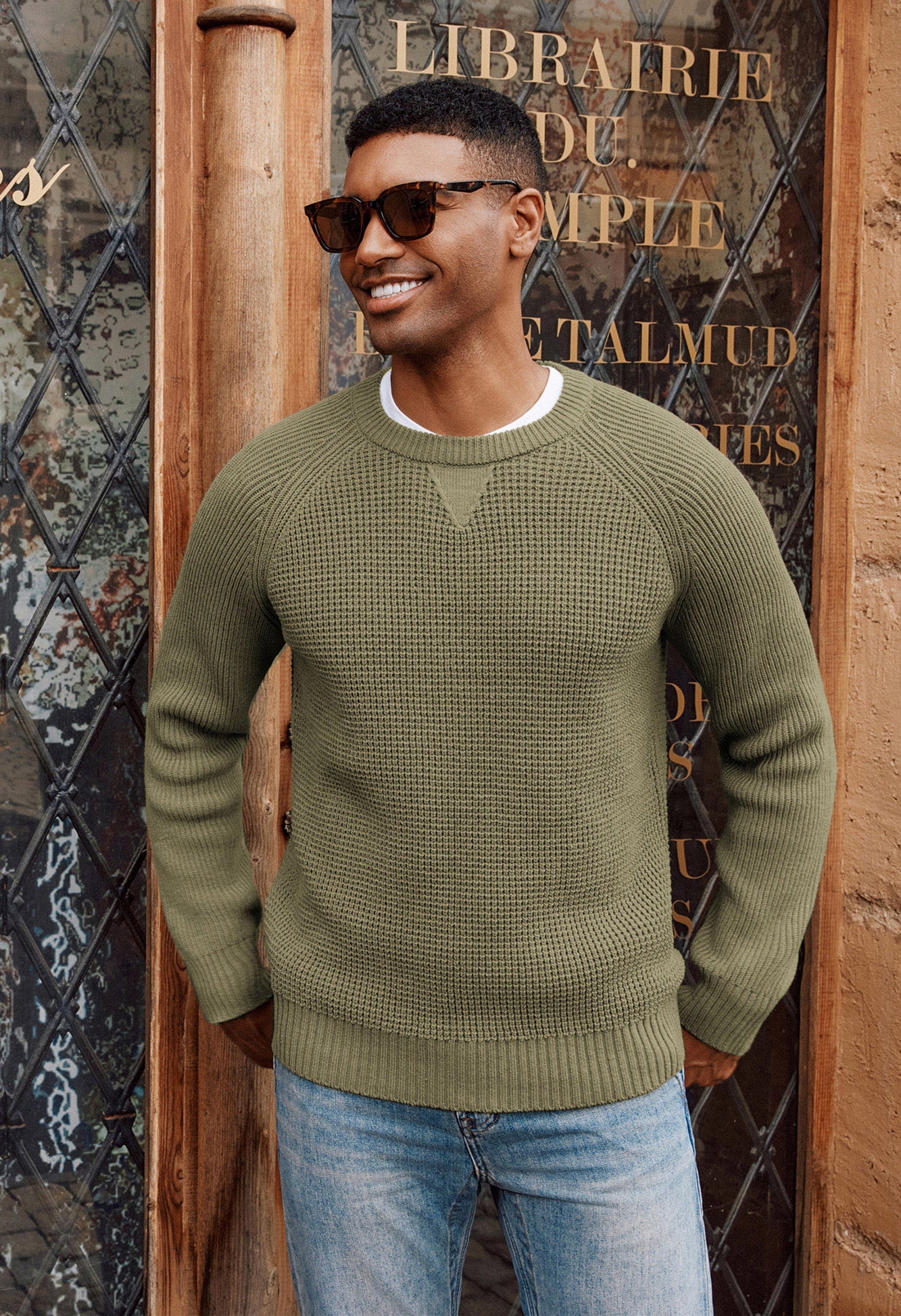 Men Waffle Textured Sweater Long Raglan Sleeve Crew Neck Ribbed Cuff Pullover - Image 8