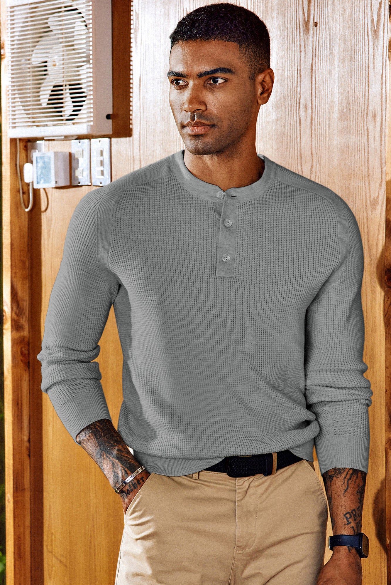 Men Waffle Textured Sweater Long Raglan Sleeve Henley Neck Knitwear Tops - Image 5