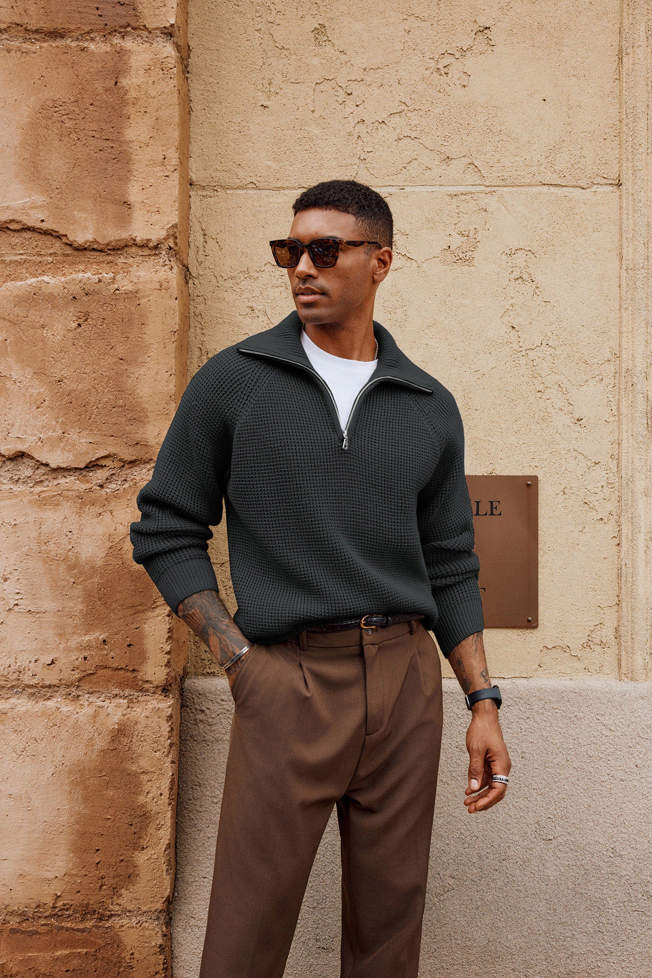 Men Waffle Textured Sweater Long Raglan Sleeve Lapel Collar Pullover - Image 24