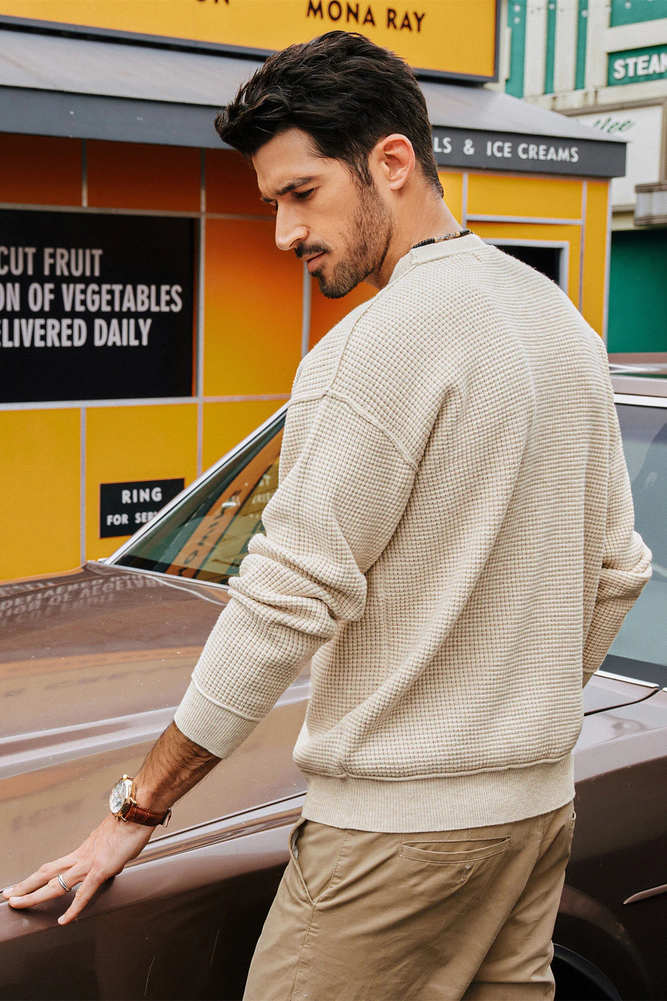 Men Waffle Textured Sweater Long Sleeve Crew Neck Dropped Shoulder Pullover - Image 17
