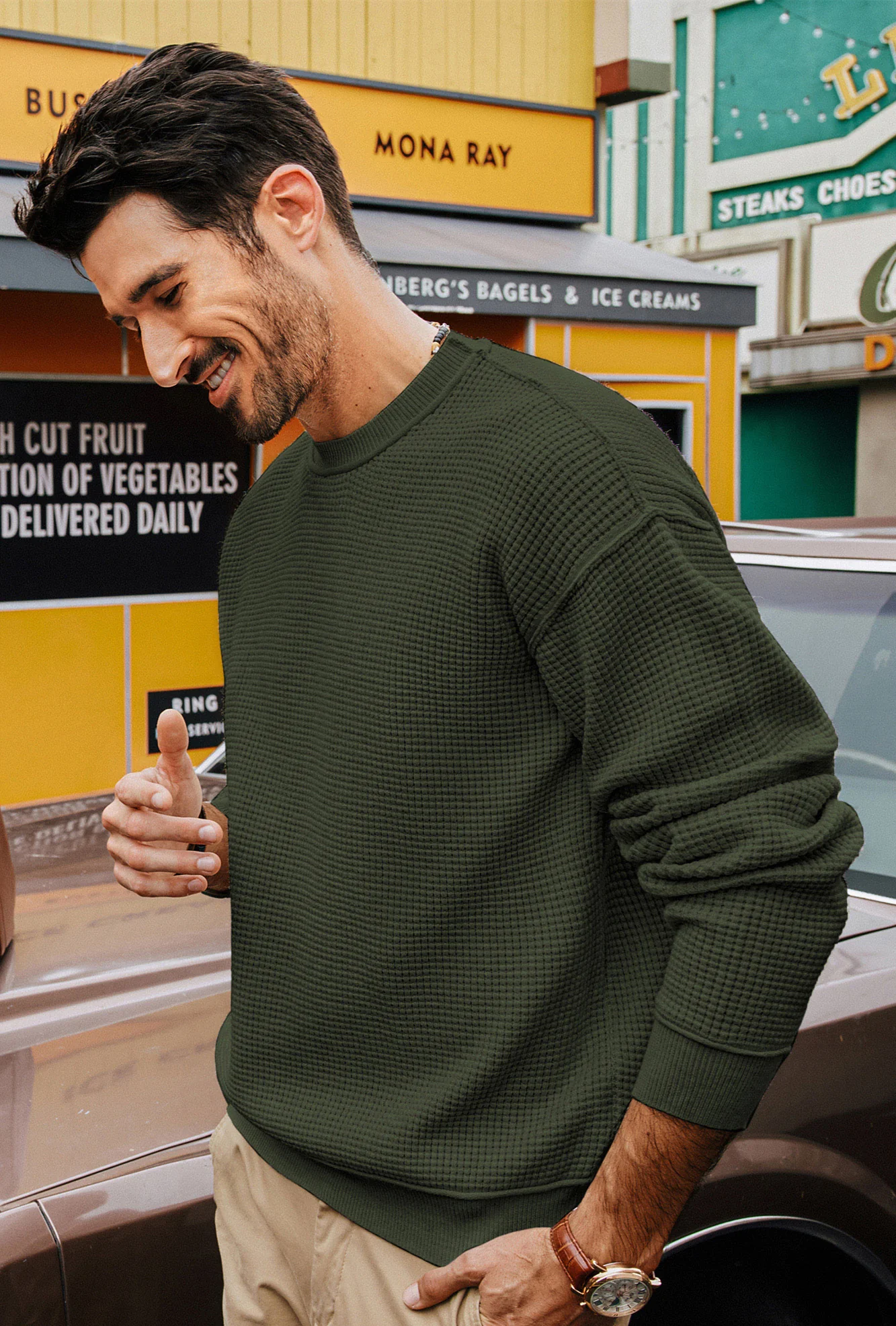 Men Waffle Textured Sweater Long Sleeve Crew Neck Dropped Shoulder Pullover - Image 25