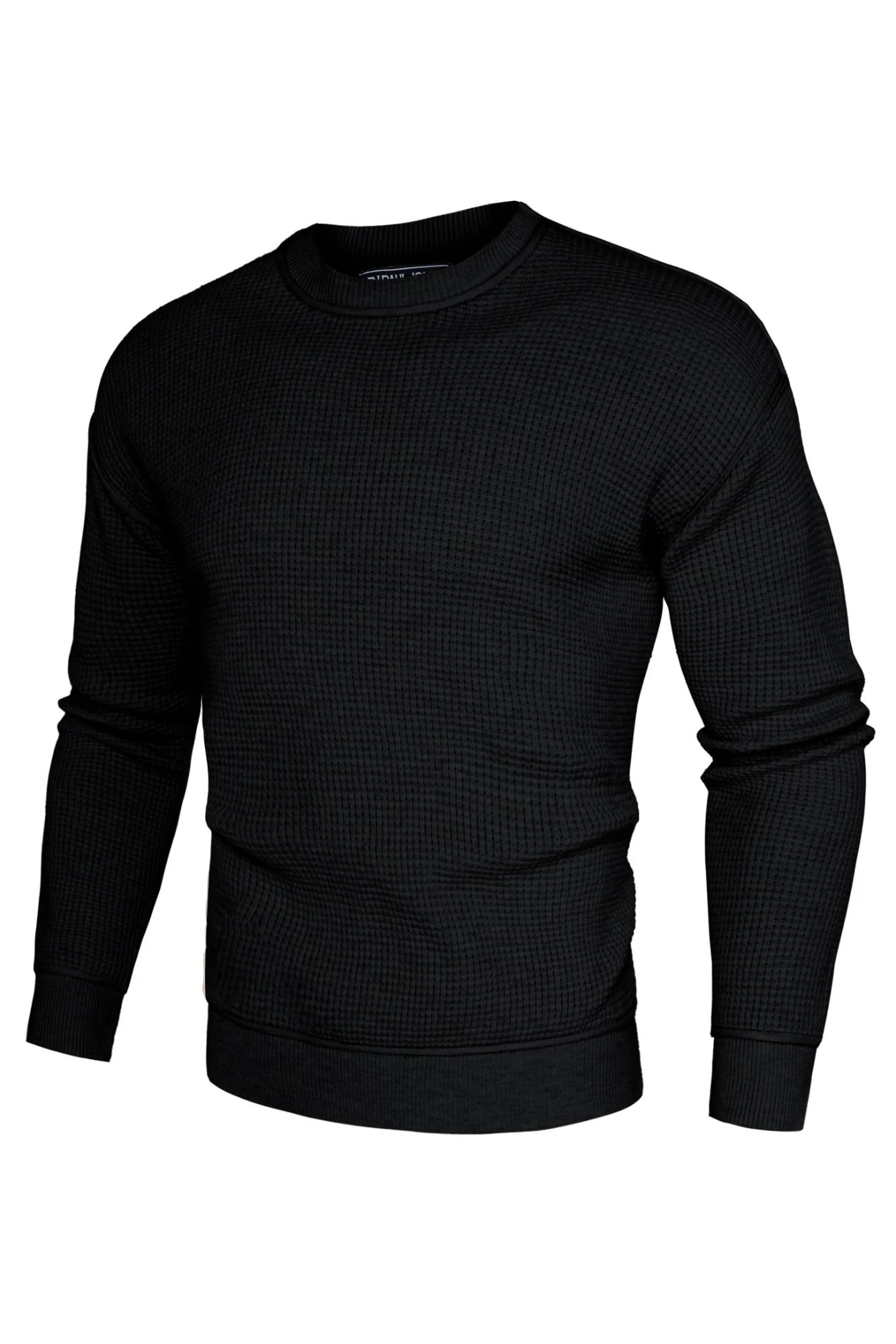 Men Waffle Textured Sweater Long Sleeve Crew Neck Dropped Shoulder Pullover - Image 3