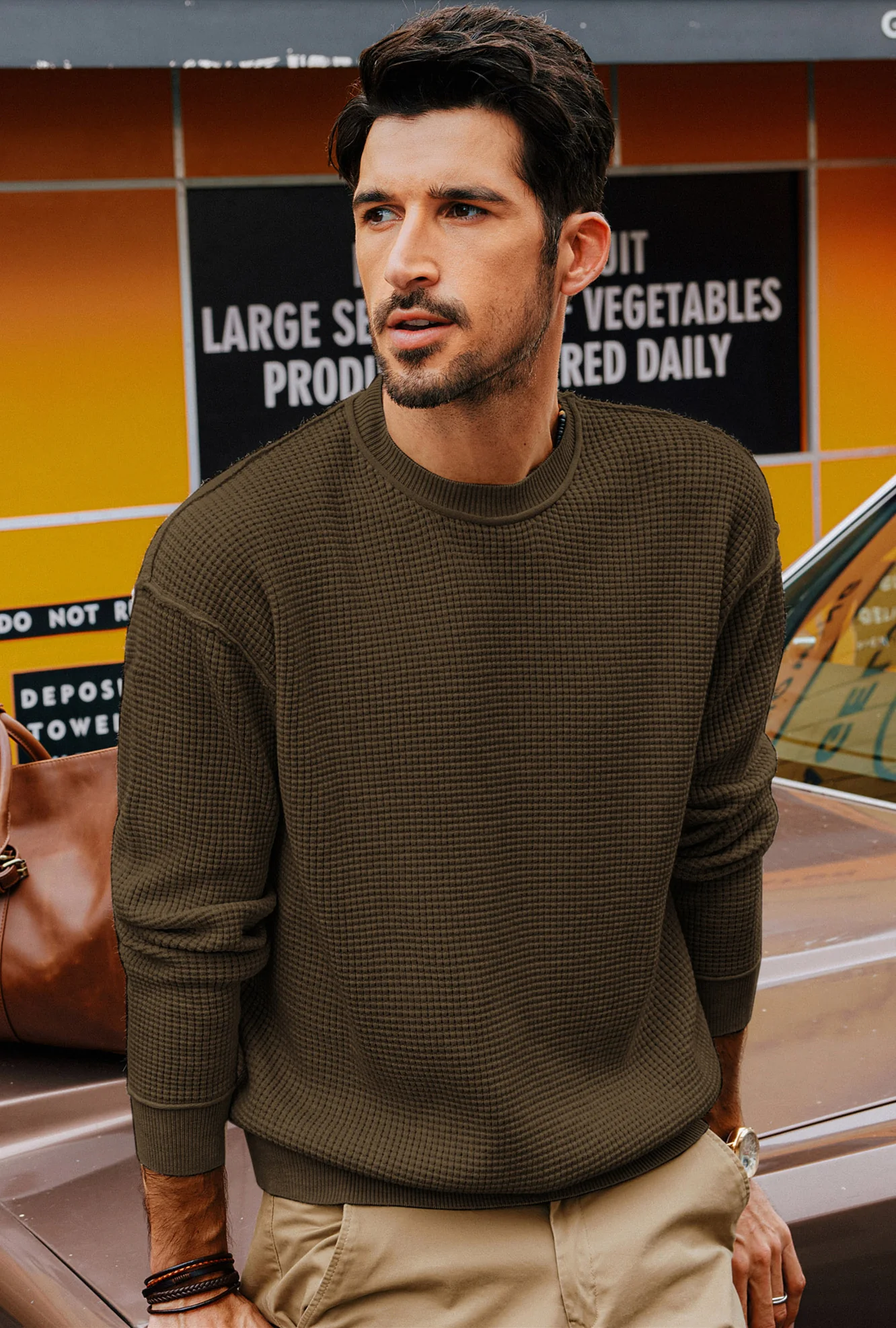 Men Waffle Textured Sweater Long Sleeve Crew Neck Dropped Shoulder Pullover - Image 45