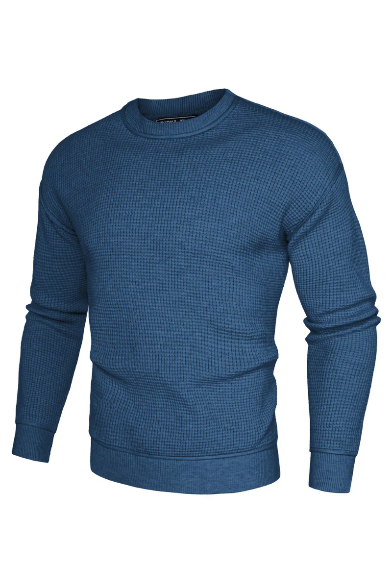 Men Waffle Textured Sweater Long Sleeve Crew Neck Dropped Shoulder Pullover - Image 51