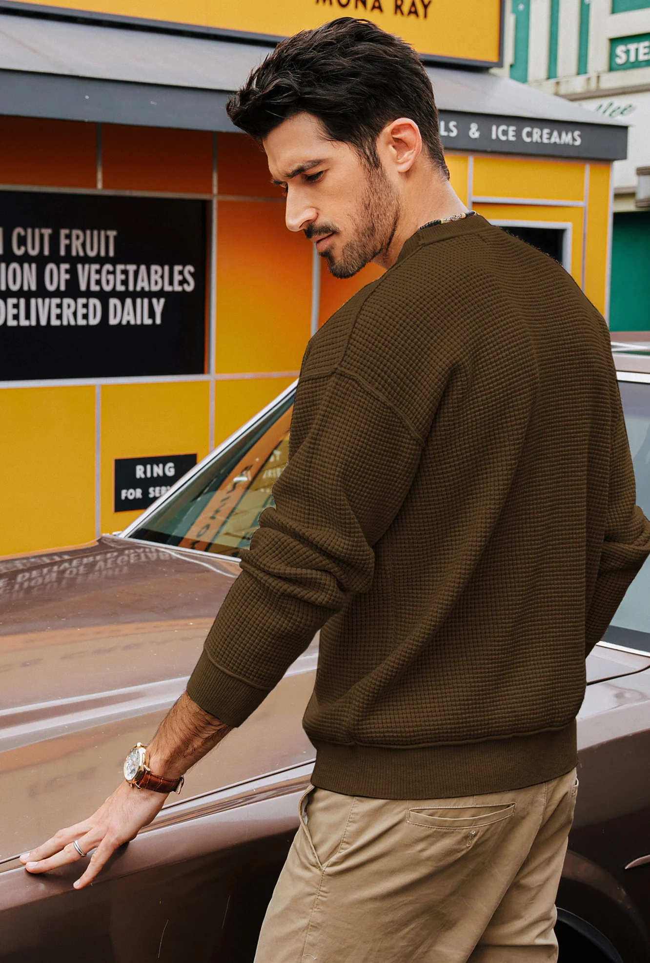 Men Waffle Textured Sweater Long Sleeve Crew Neck Dropped Shoulder Pullover - Image 54
