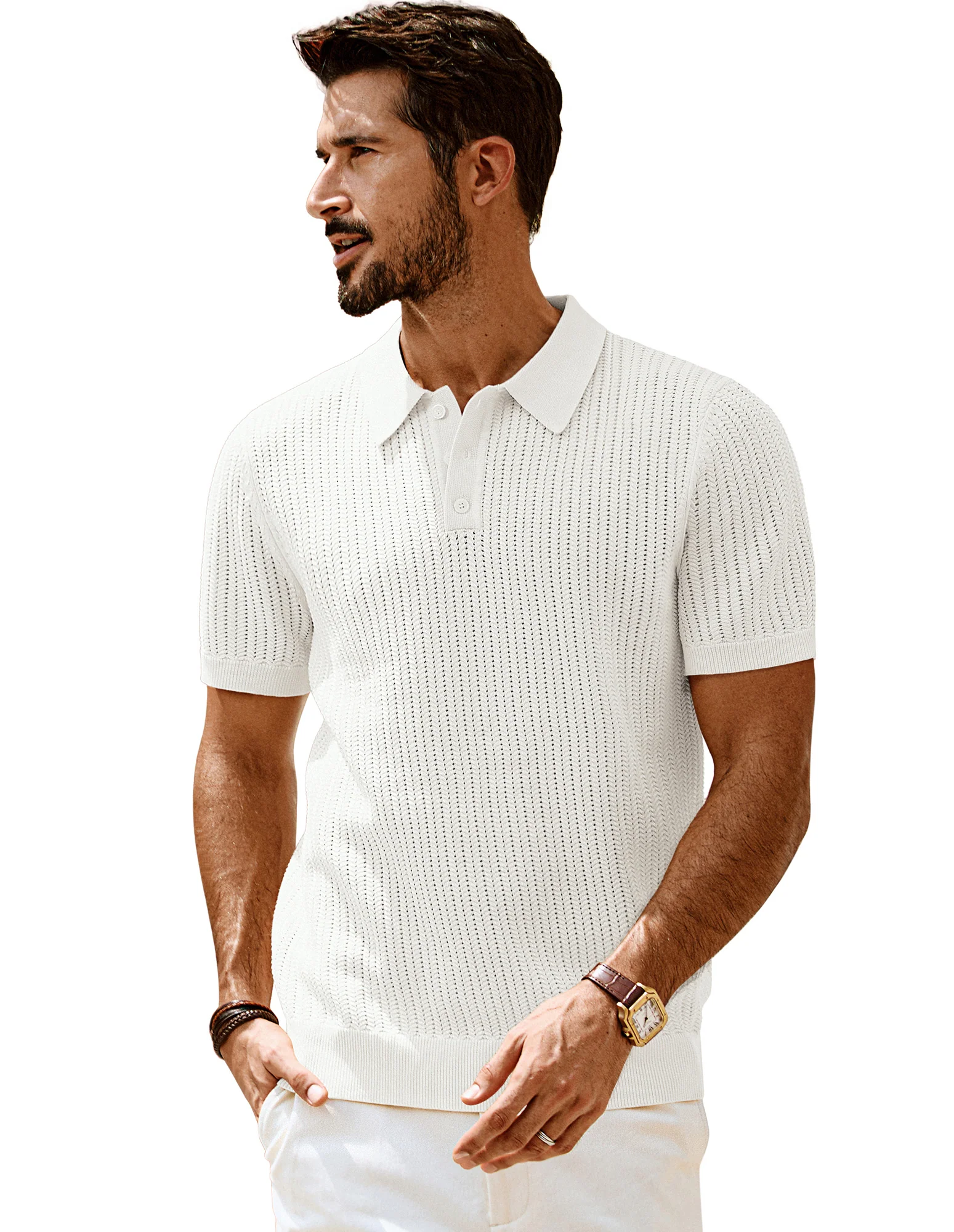 Men Wheatear Textured Polo-Shirt Short Sleeve Lapel Collar Knitwear Tops - Image 7