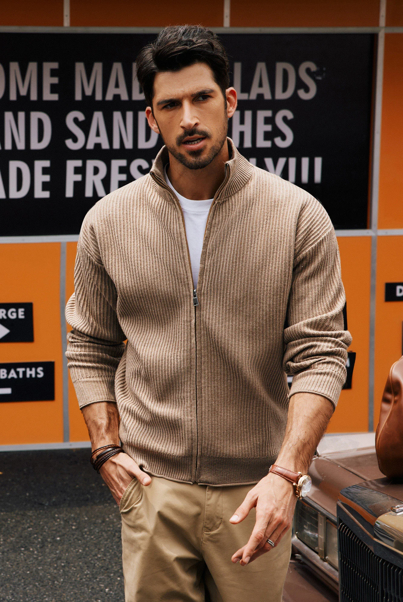 Men Zip-up Cardigan Long Sleeve Stand Collar Dropped Shoulder Sweater - Image 17