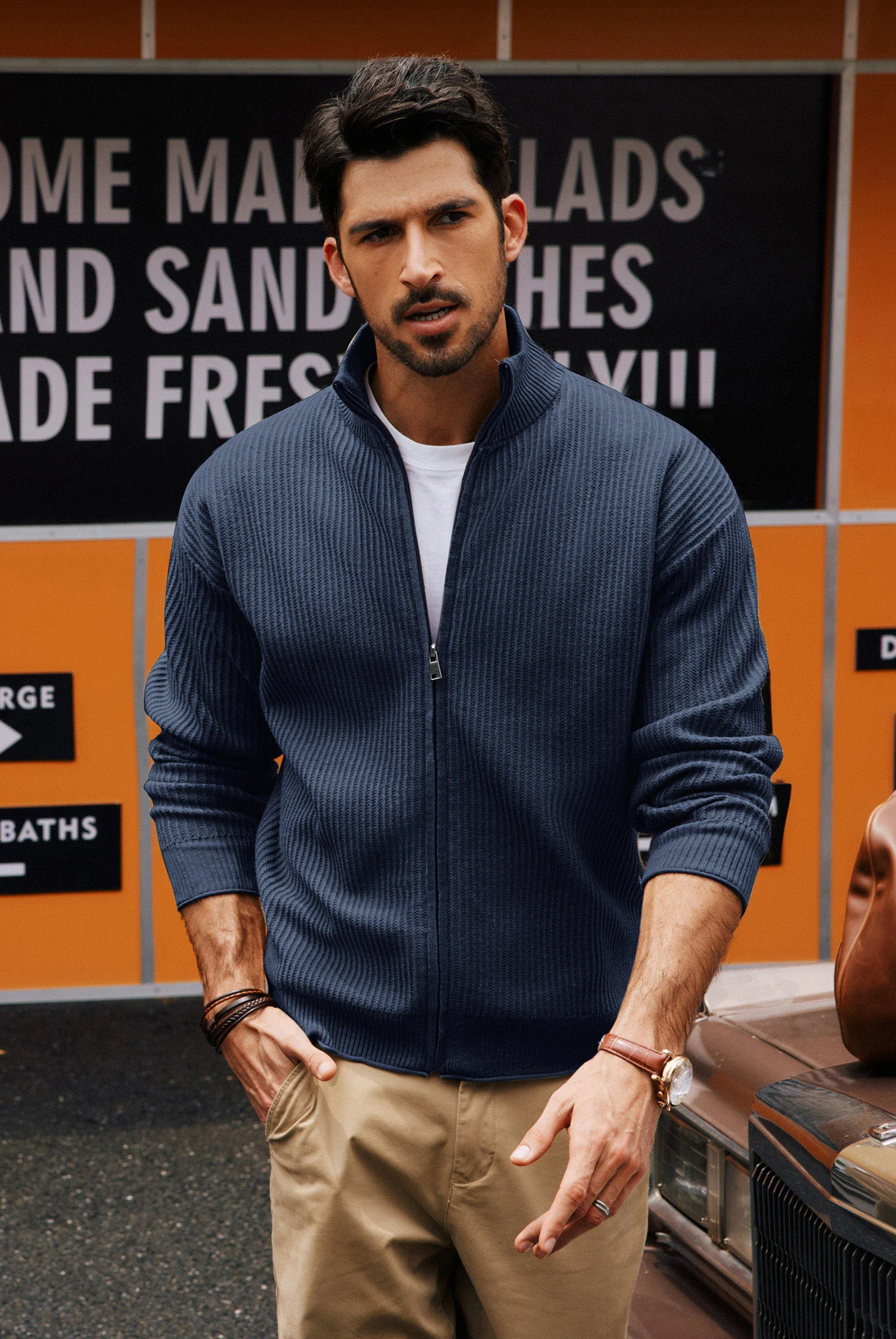 Men Zip-up Cardigan Long Sleeve Stand Collar Dropped Shoulder Sweater - Image 22