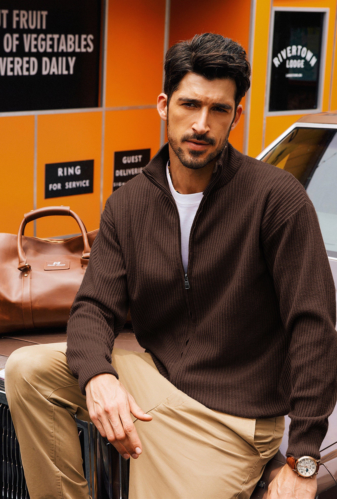 Men Zip-up Cardigan Long Sleeve Stand Collar Dropped Shoulder Sweater - Image 27