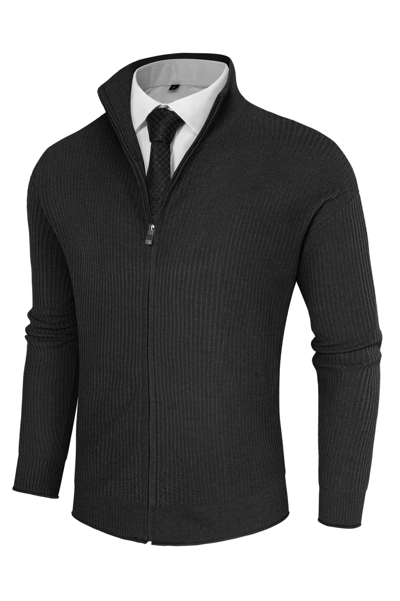 Men Zip-up Cardigan Long Sleeve Stand Collar Dropped Shoulder Sweater - Image 3