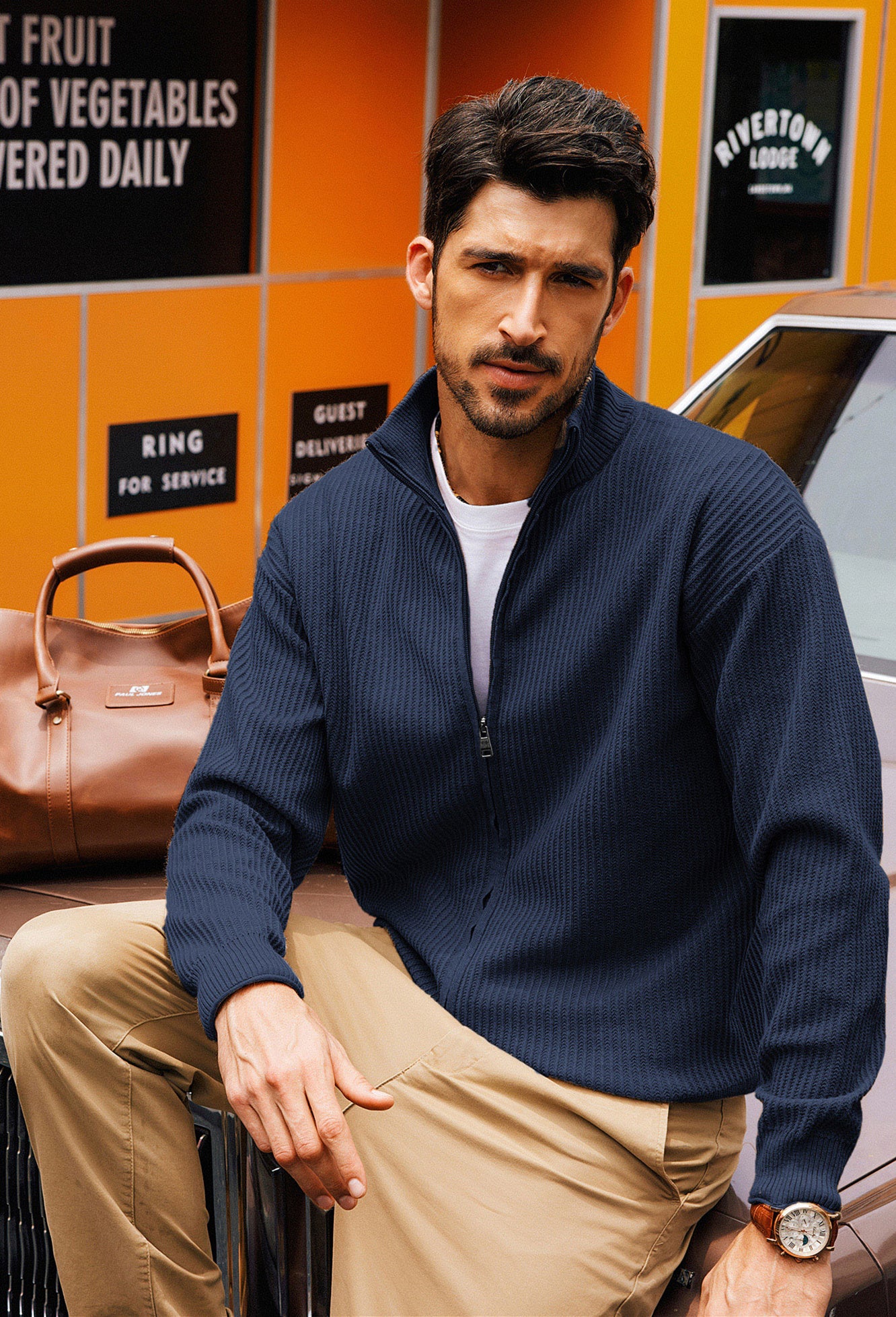 Men Zip-up Cardigan Long Sleeve Stand Collar Dropped Shoulder Sweater - Image 50