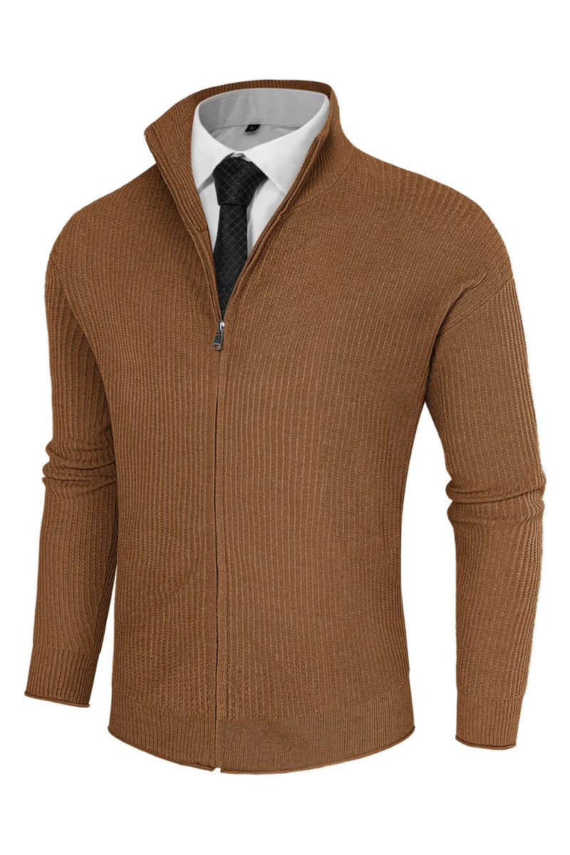 Men Zip-up Cardigan Long Sleeve Stand Collar Dropped Shoulder Sweater - Image 51