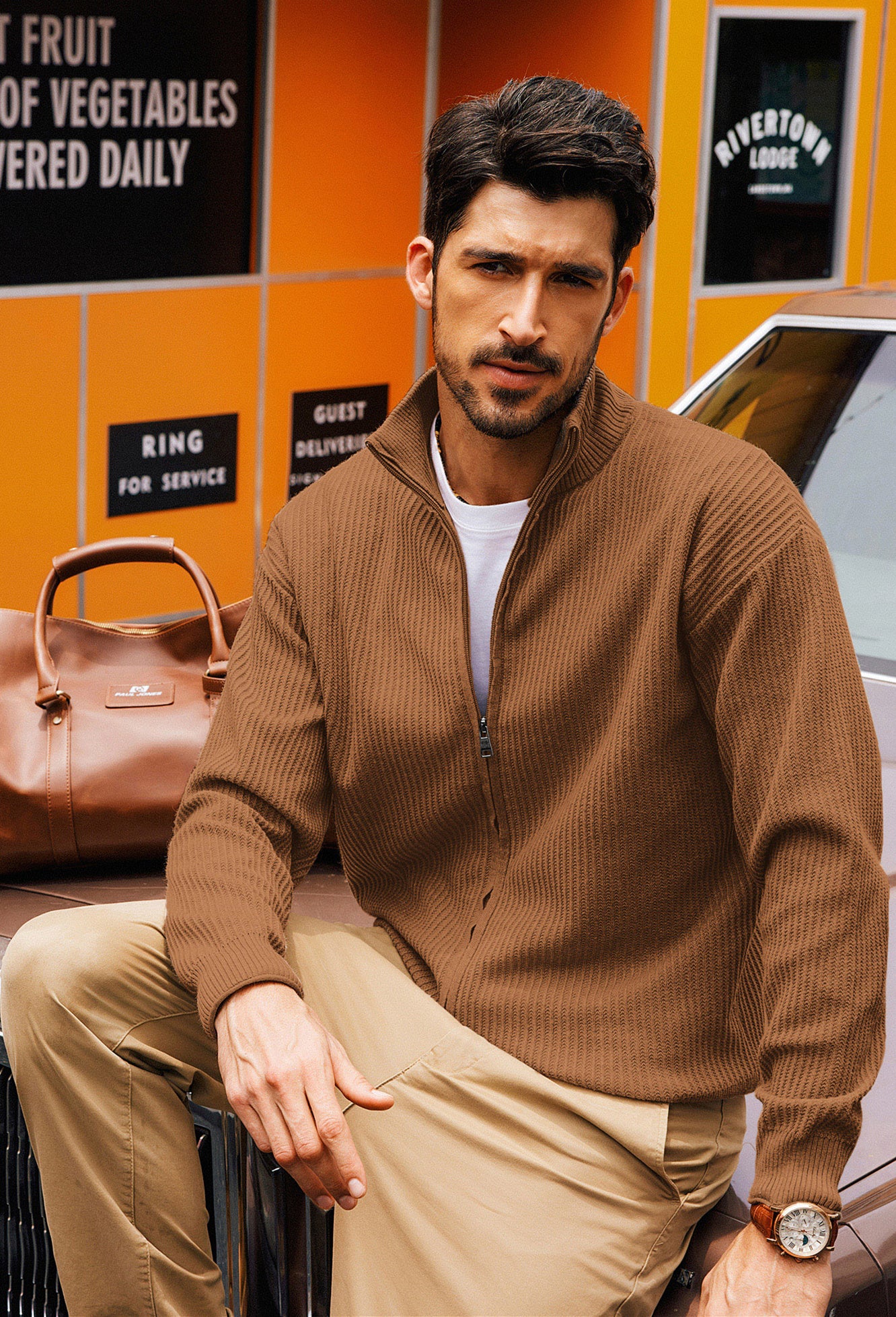 Men Zip-up Cardigan Long Sleeve Stand Collar Dropped Shoulder Sweater - Image 54