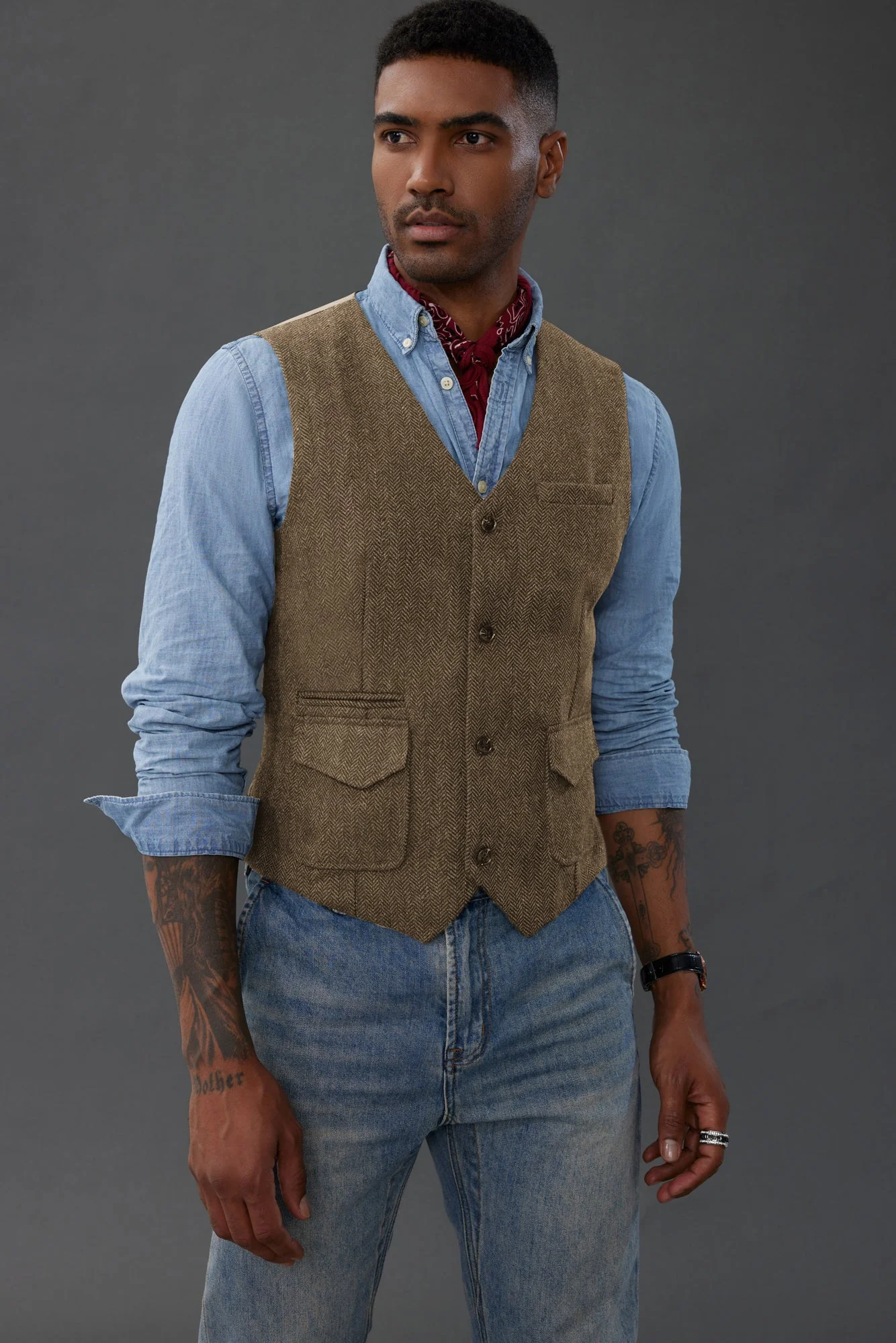 Men's British Herringbone Tweed Vest Casual Wool Blend Waistcoat with Pockets - Image 14