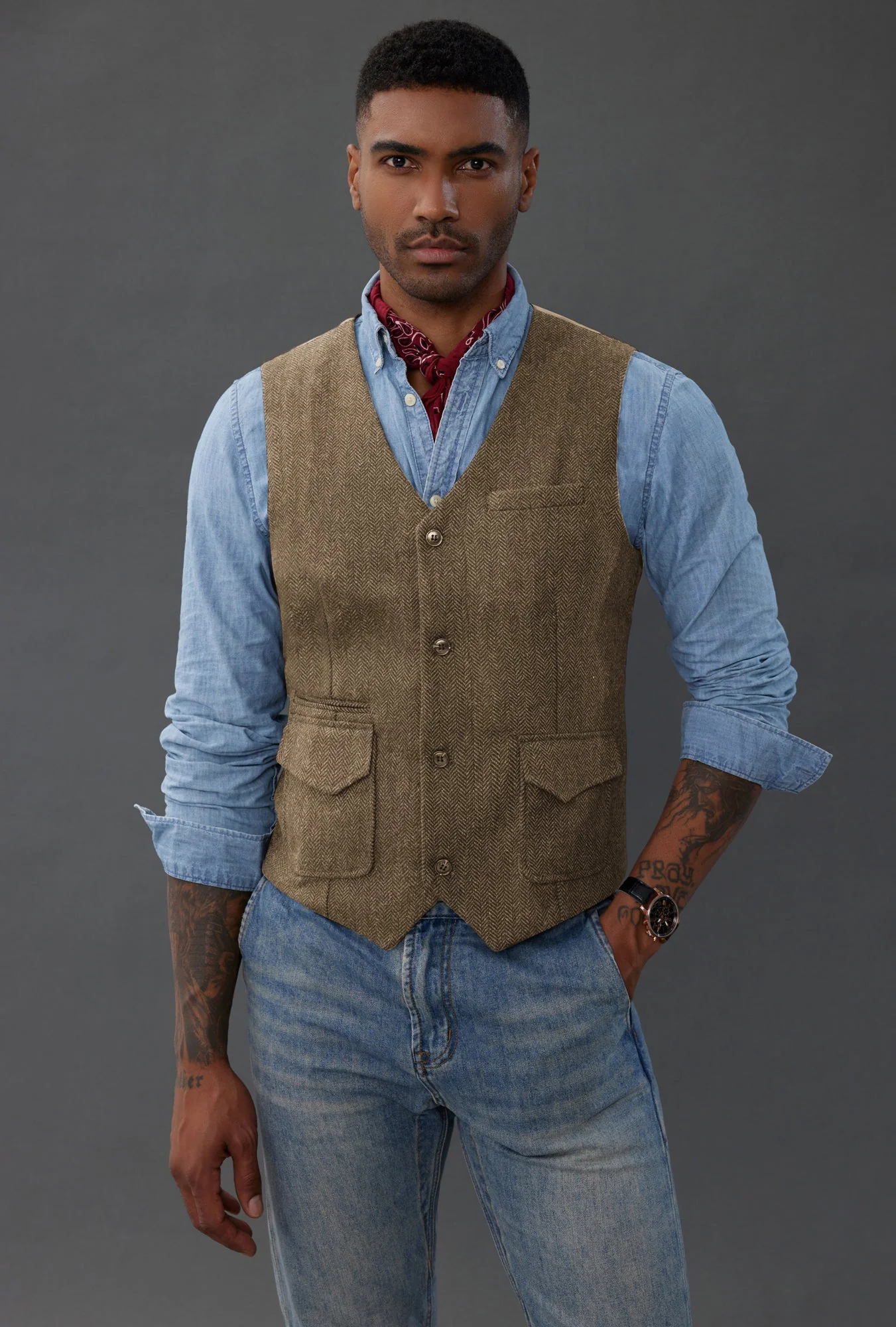 Men's British Herringbone Tweed Vest Casual Wool Blend Waistcoat with Pockets - Image 16