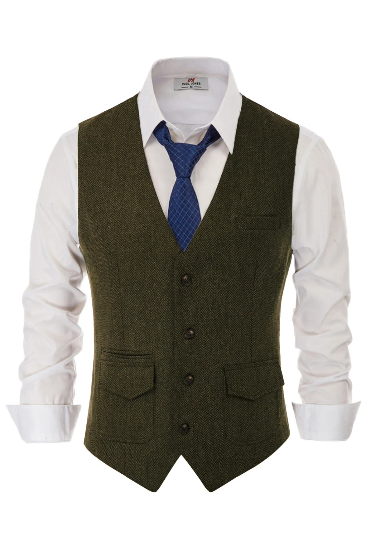 Men's British Herringbone Tweed Vest Casual Wool Blend Waistcoat with Pockets - Image 17