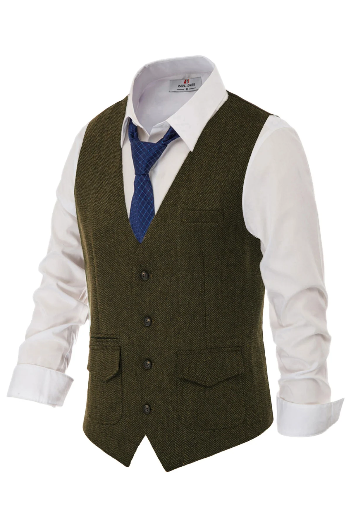 Men's British Herringbone Tweed Vest Casual Wool Blend Waistcoat with Pockets - Image 18